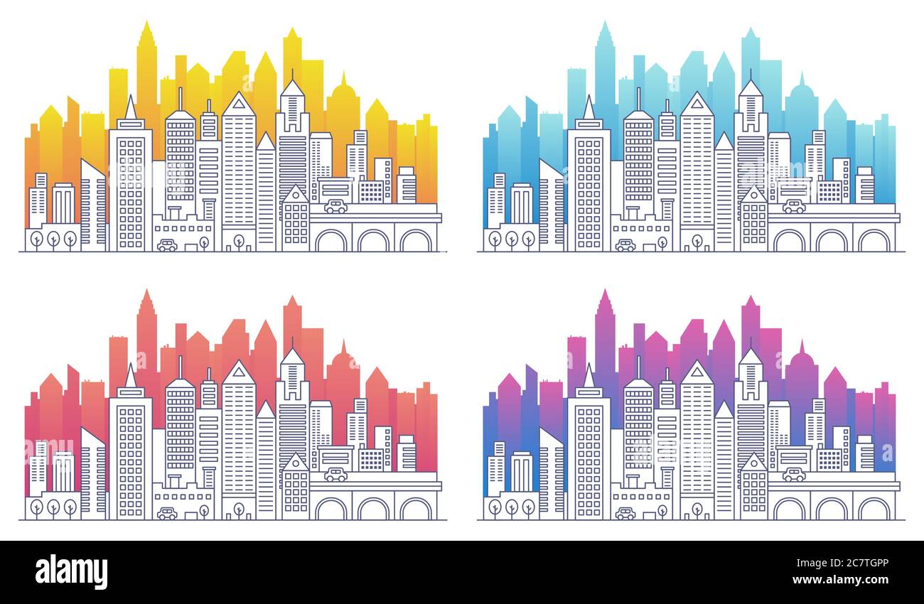 Jeu d'illustrations vectorielles modernes pour paysage urbain. Gratte-ciels appartements bâtiments isolés linéaires. Ensemble de silhouettes à dégradé de couleurs pour les gratte-ciel. Illustration de Vecteur