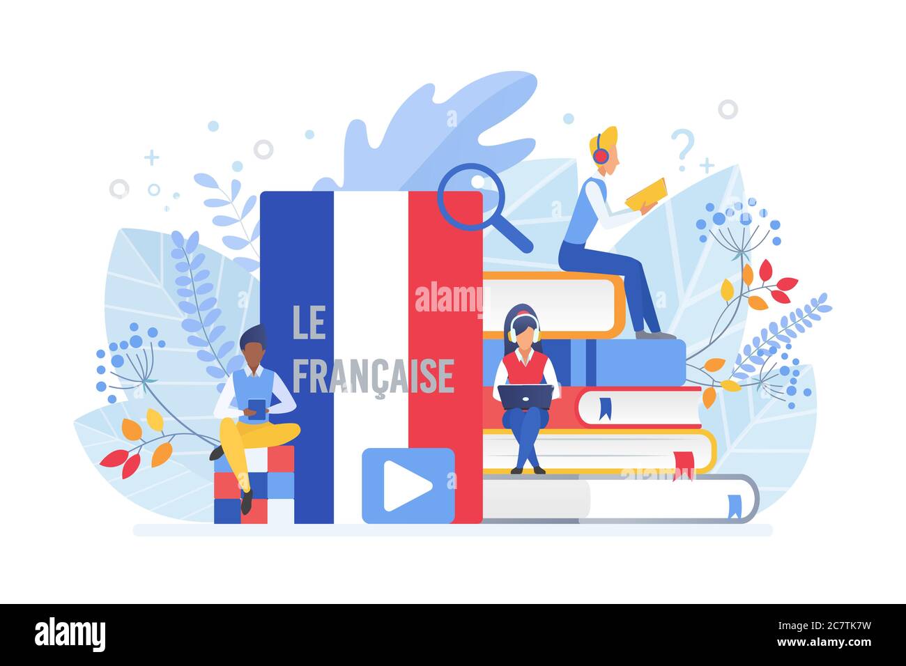 Cours de langue en ligne illustration vectorielle plate. Enseignement à distance, enseignement à distance, cours universitaires en France. Cours de français sur Internet, e learning clipart isolé sur fond blanc Illustration de Vecteur