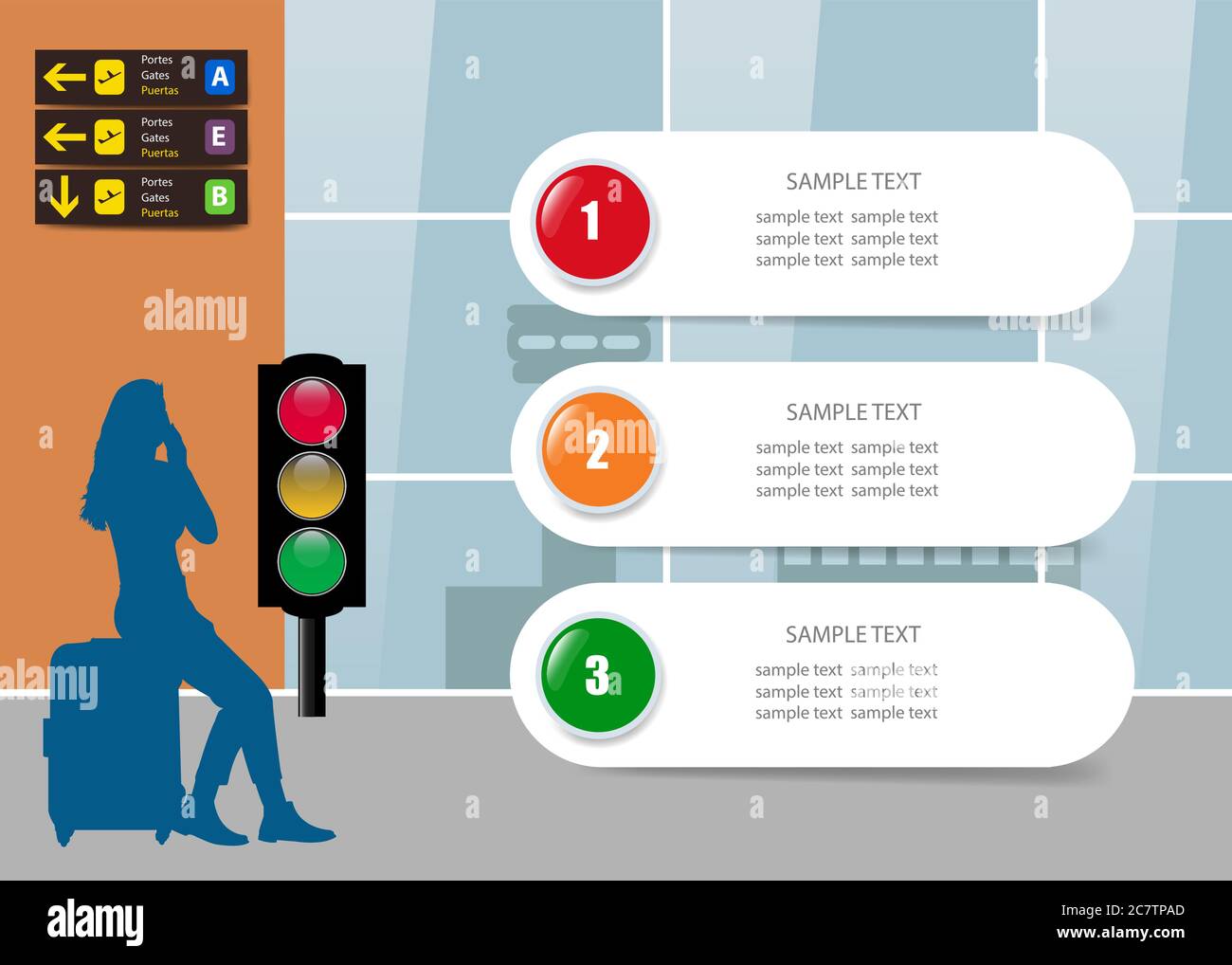 Infographies du concept de voyage aérien montrant l'intérieur de l'aéroport et la silhouette de fille en attente avec une valise regardant des étiquettes vierges montrant des couleurs de tra Illustration de Vecteur