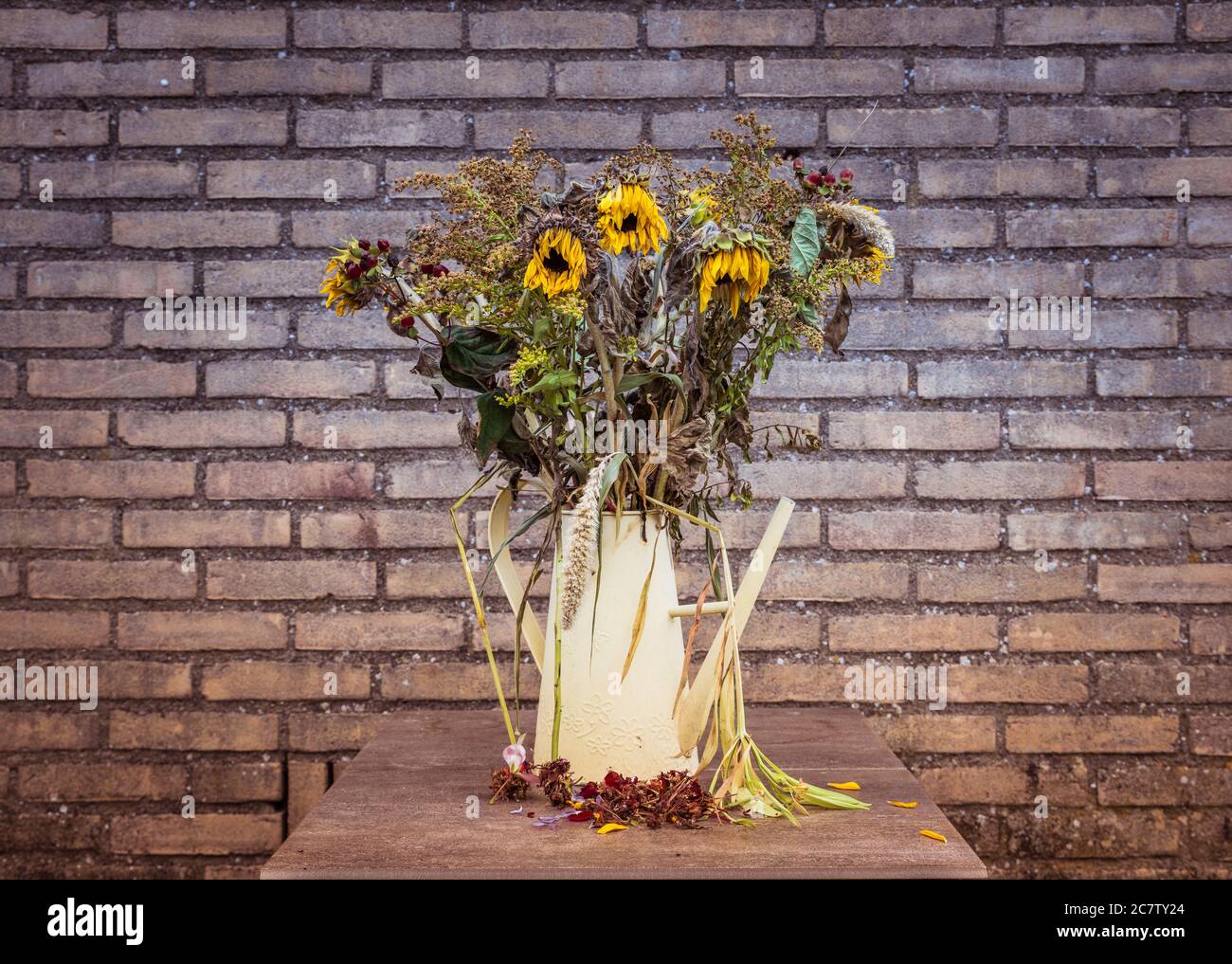 À la légère baisse par rapport à un vase de mourir, d'arrangement de fleur grand une fois mourir maintenant lumineux soleil fleurs dans un vase sur une très grande table à manger en marbre Banque D'Images