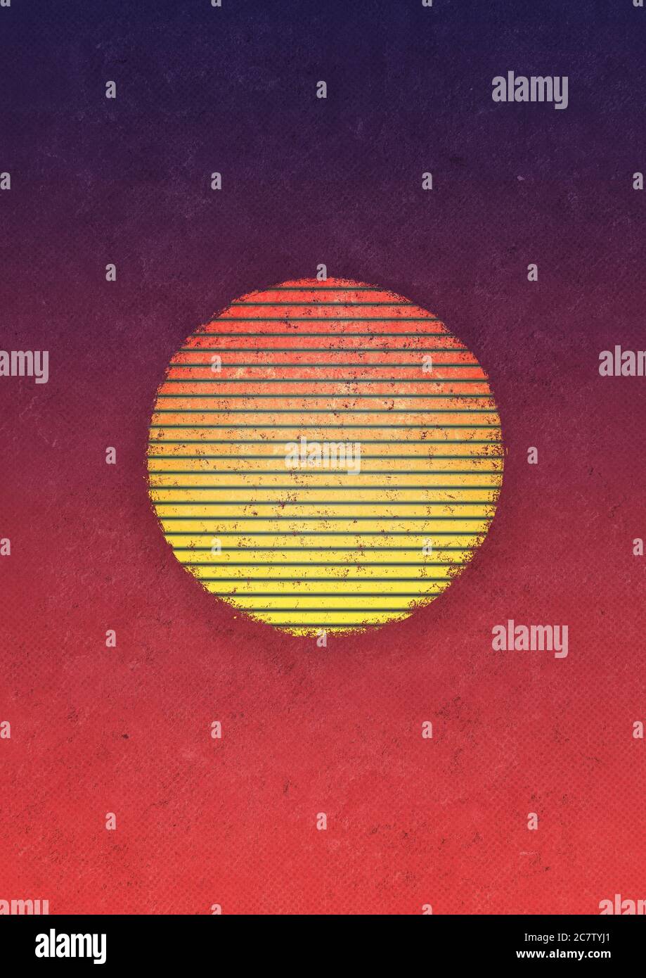 Un fond de dégradé linéaire orange à bleu avec texture de motif de demi-teinte circulaire grunge et un style de jeu rétro à rayures circulaires années 80 soleil Banque D'Images