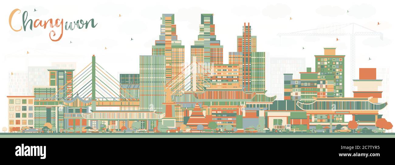 Changwon South Korea City Skyline avec des bâtiments de couleur. Illustration vectorielle. Illustration de Vecteur