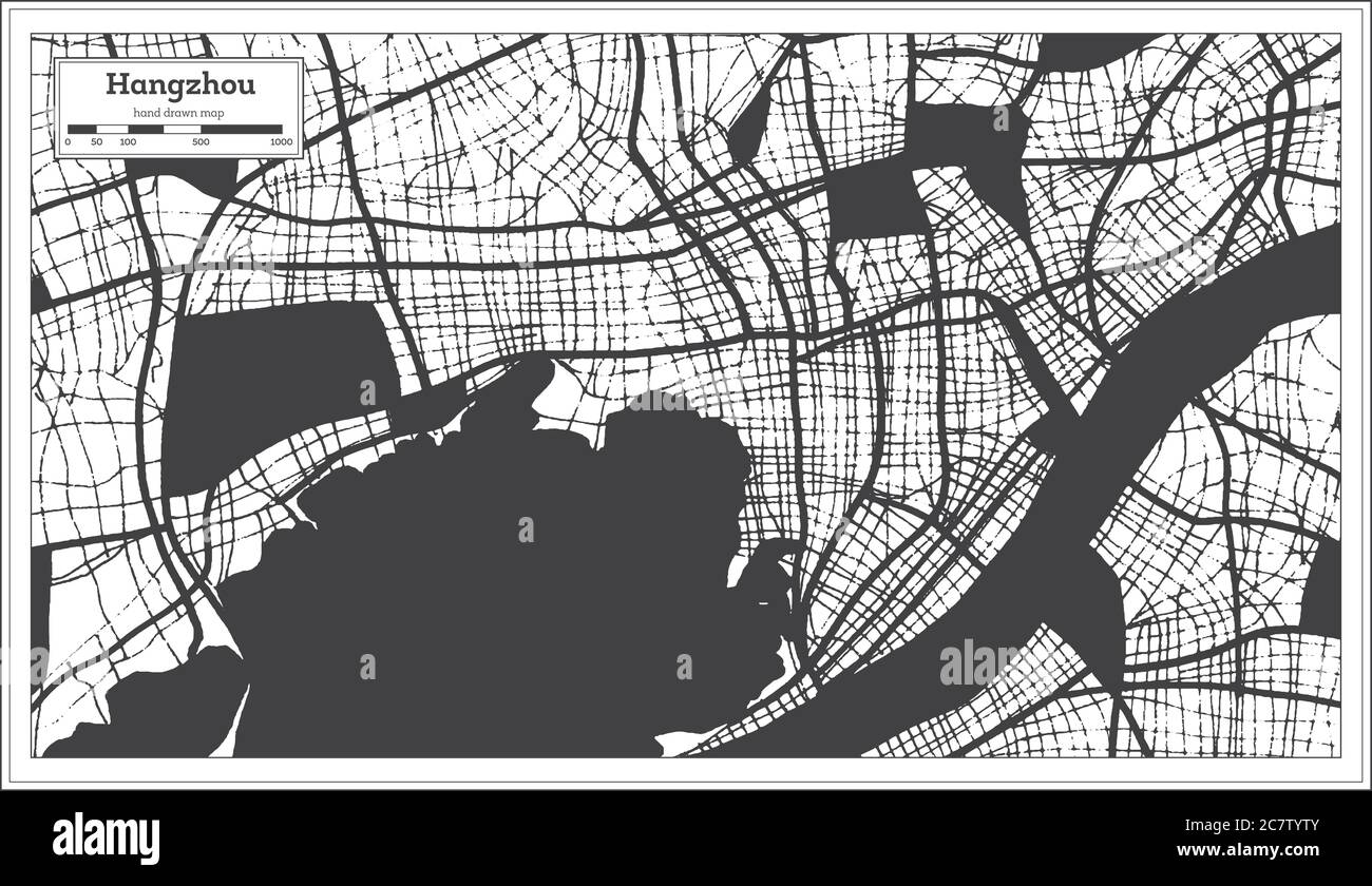 Hangzhou China City carte en noir et blanc dans un style rétro. Carte de contour. Illustration vectorielle. Illustration de Vecteur