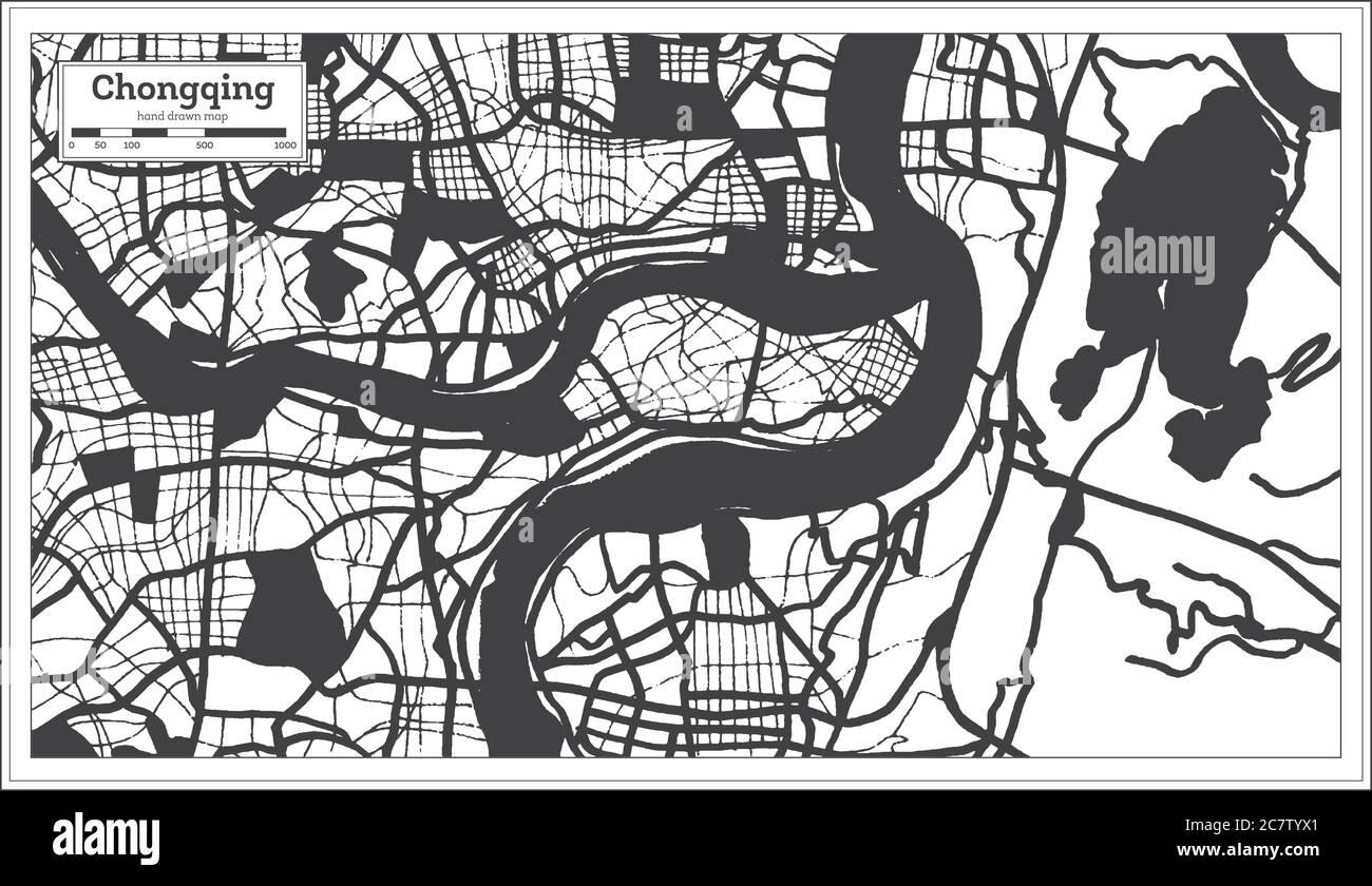 Carte de la ville de Chongqing en Chine en noir et blanc, style rétro. Carte de contour. Illustration vectorielle. Illustration de Vecteur