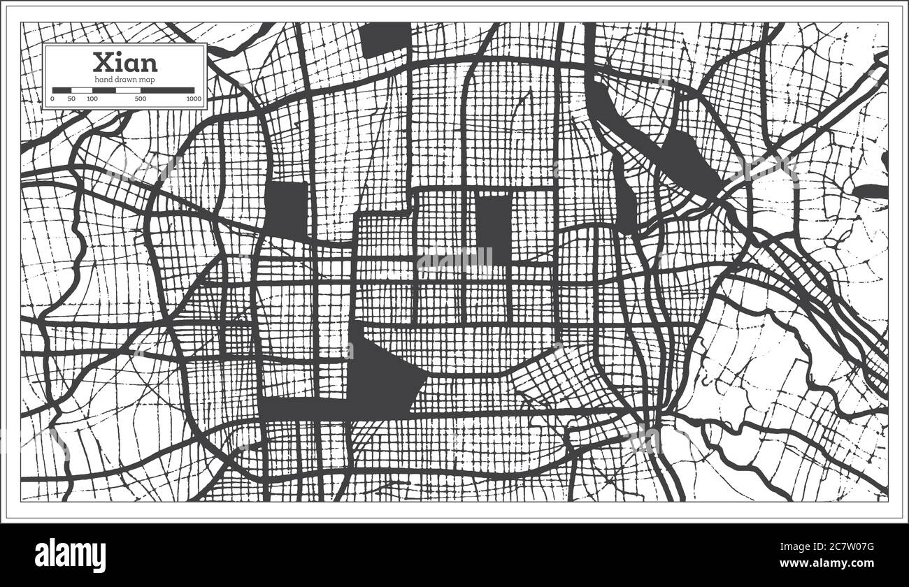 Carte de la ville de Xian China en noir et blanc en style rétro. Carte de contour. Illustration vectorielle. Illustration de Vecteur