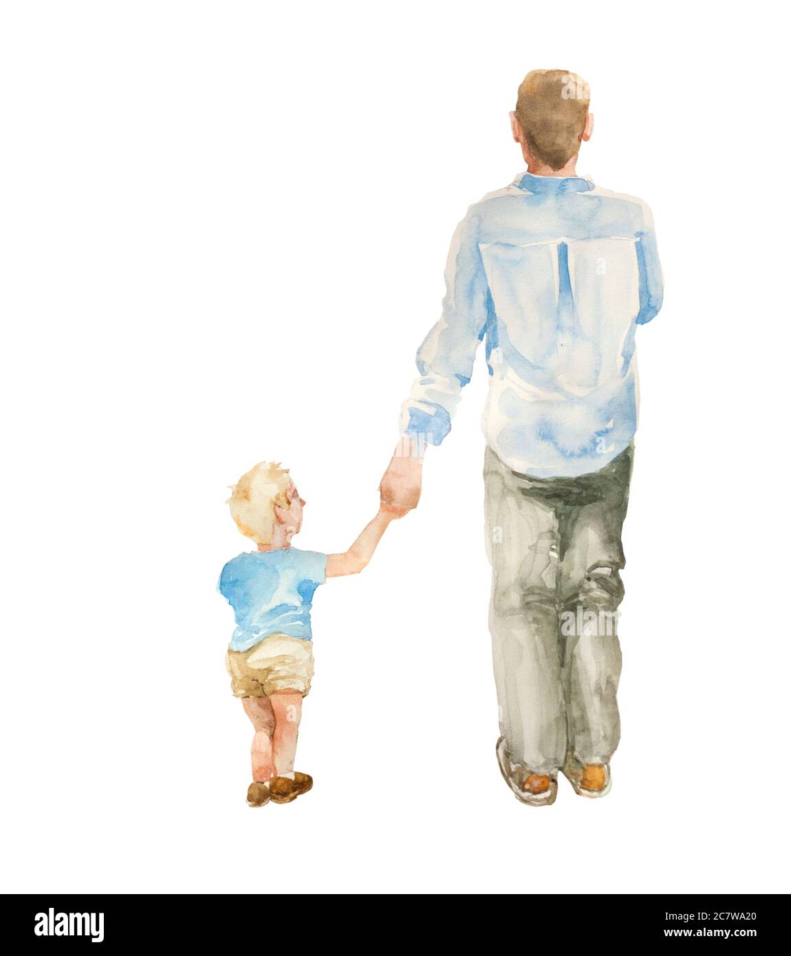 Vue arrière de père et de fils enfant qui se rassemblent sur fond blanc. Illustration aquarelle originale de la paternité Banque D'Images