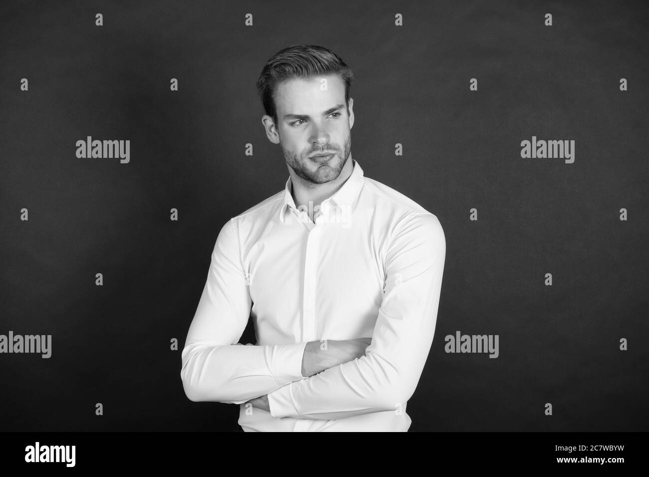 Les travailleurs qui connaissent le chômage en période de ralentissement. Consultant financier. Ouvrier de col blanc. Vêtements pour hommes style classique. Un employé de bureau. Gestion de la chaîne intermédiaire. Homme chemise habillée. Mode formel. Banque D'Images