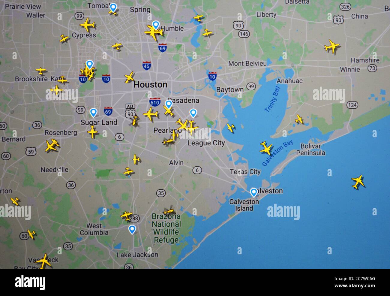 Trafic aérien sur la région de Houston (19 juillet 2020, UTC 16.35) sur Internet avec le site Flightracar 24, pendant la pandémie du coronavirus Banque D'Images