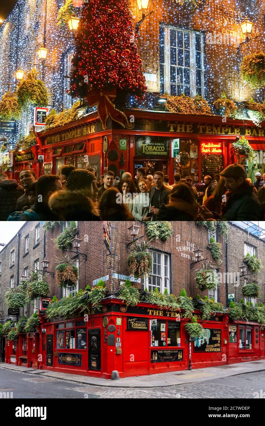 Le pub Temple Bar à Temple Bar, Dublin, photographié en décembre 2019 et de nouveau en juillet 2020, la pandémie du coronavirus a empêché les touristes. Banque D'Images