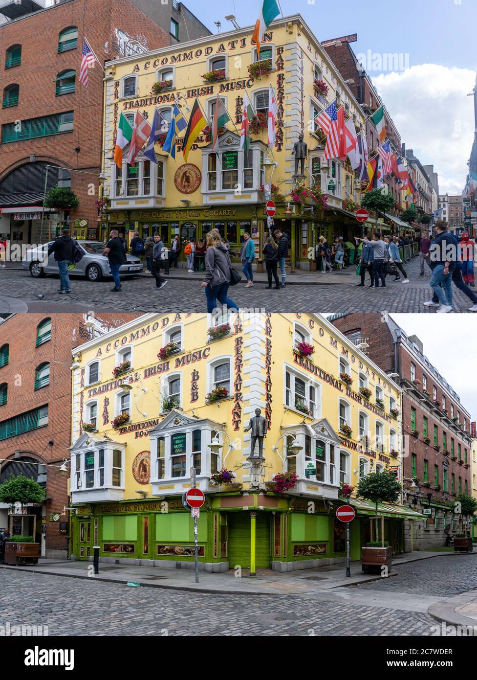 Le pub Oliver St John Gogarty à Temple Bar, photographié en août 2019 et de nouveau en juillet 2020. La pandémie du coronavirus a empêché les touristes. Banque D'Images