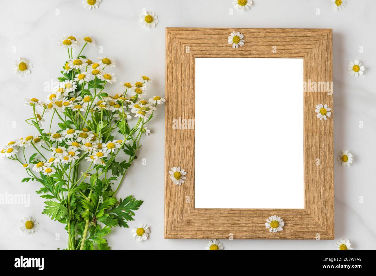 Bouquet de fleurs de camomille blanches avec cadre photo vierge sur fond blanc. Maquette. flat lay. Vue sur le dessus. Concept mariage ou vacances. Backgroun festif Banque D'Images