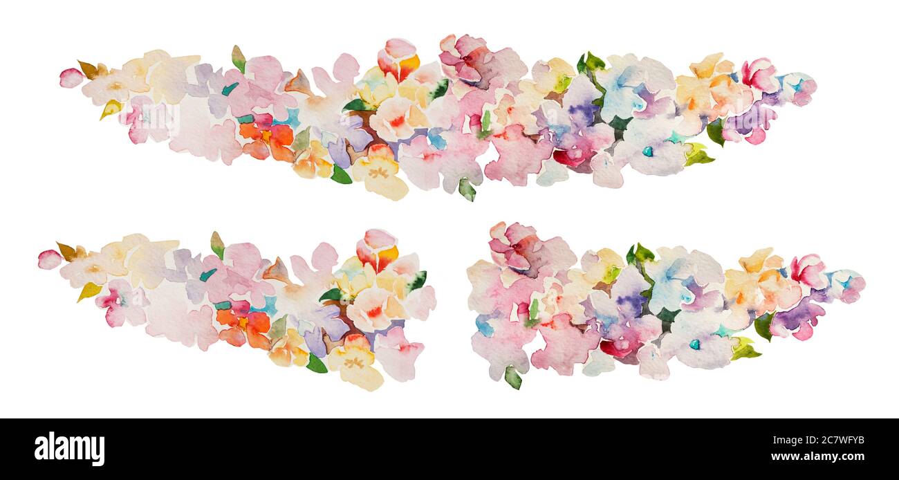 Ensemble de guirlandes de fleurs peintes en aquarelle sur papier blanc. Croquis de fleurs aux couleurs rose, bleu et orange Banque D'Images