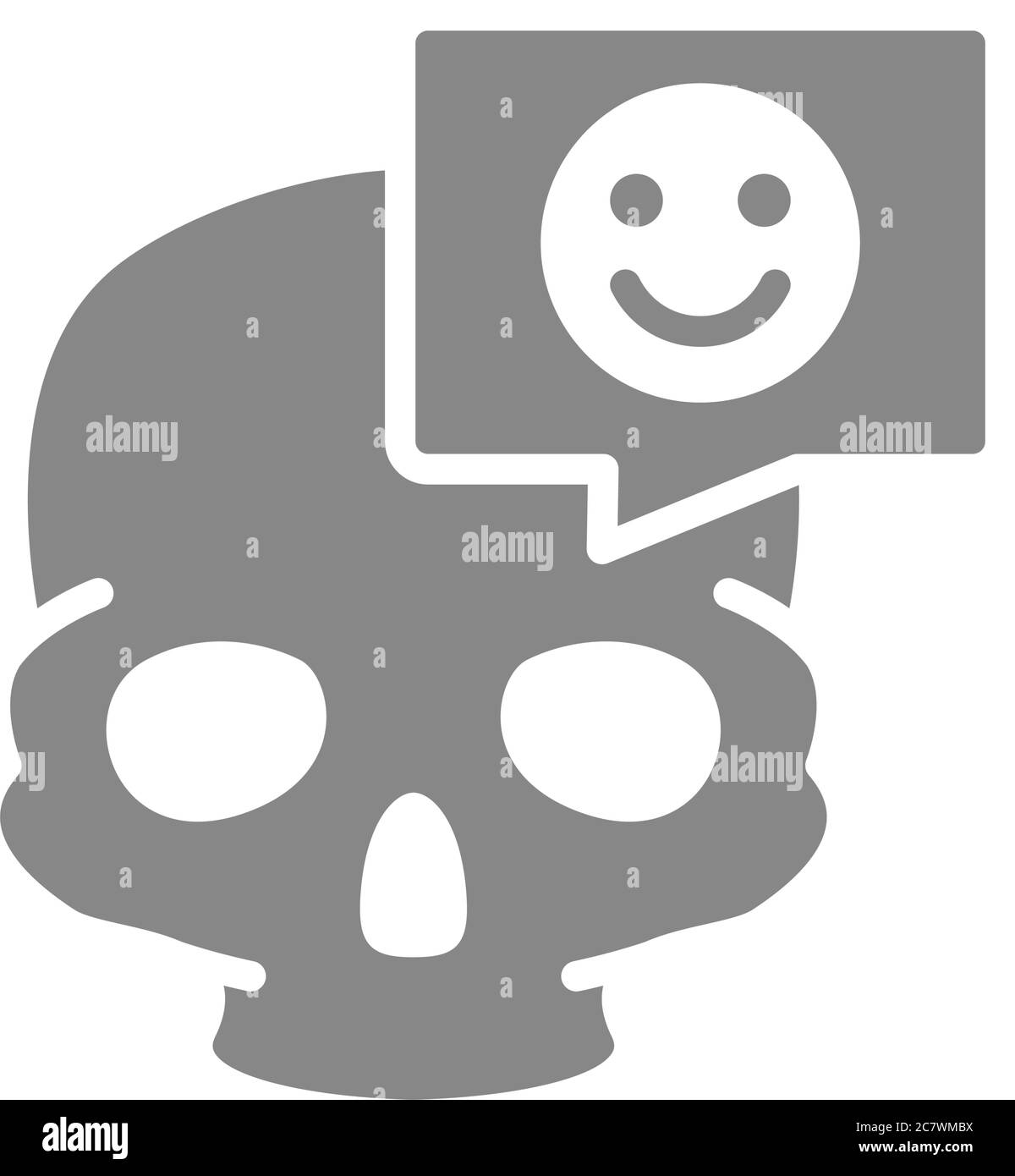 Crâne avec visage heureux dans la bulle de la parole icône grise. Structure osseuse de la tête, symbole du crâne Illustration de Vecteur