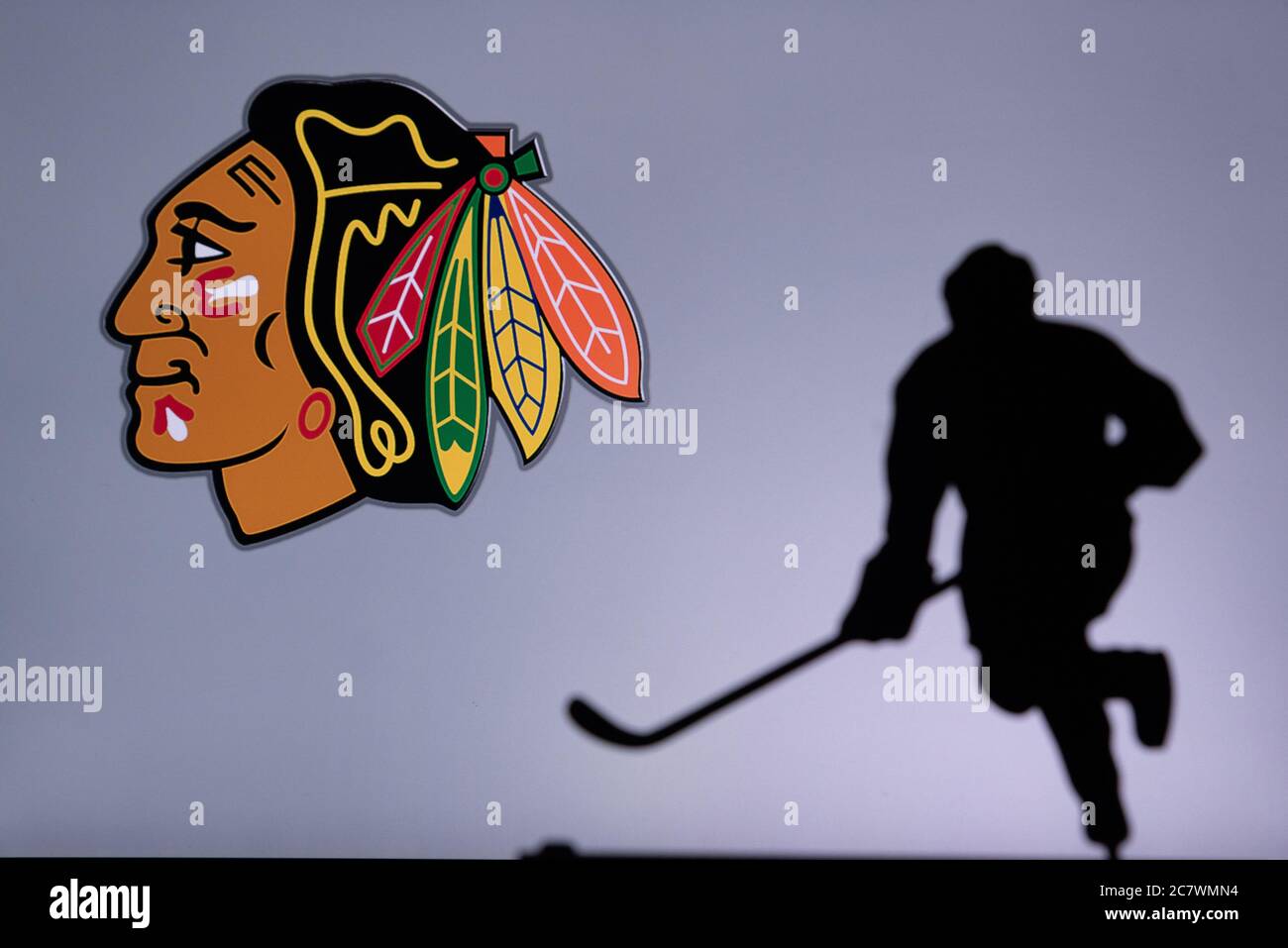 TORONTO, CANADA, 17. JUILLET : photo du concept des Blackhawks de Chicago. Silhouette du joueur professionnel de hockey de la LNH Banque D'Images