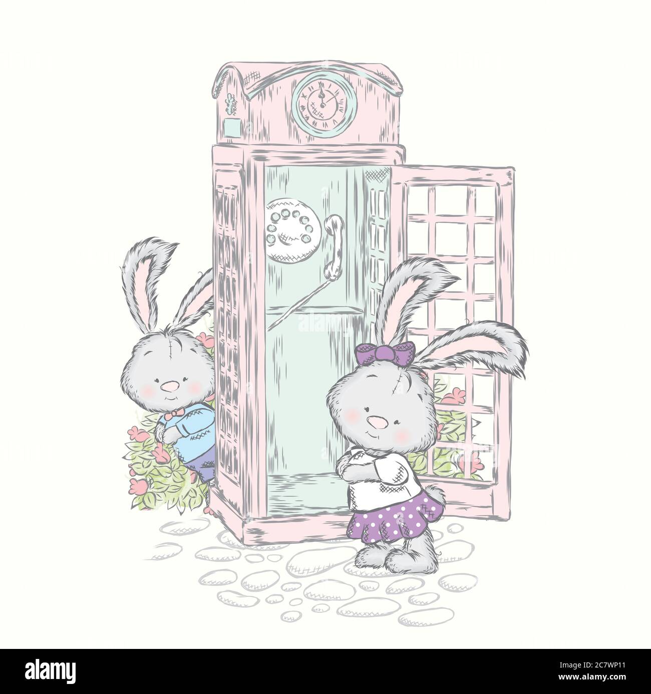De beaux jeux près de la cabine téléphonique. Illustration vectorielle pour une carte ou une affiche. Imprimer sur des vêtements. Illustration de Vecteur