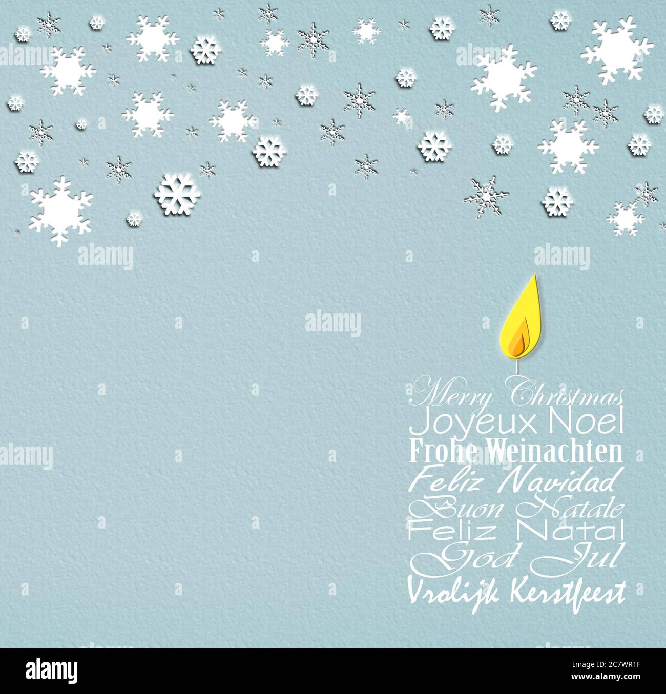 International Merry Christmas voeux en plusieurs langues Anglais, Français, Allemand, Portugais, Italien, Espagnol, Suédois, Néerlandais forme de bougie sur fond pastel avec flocons de neige. Illustration 3D Banque D'Images