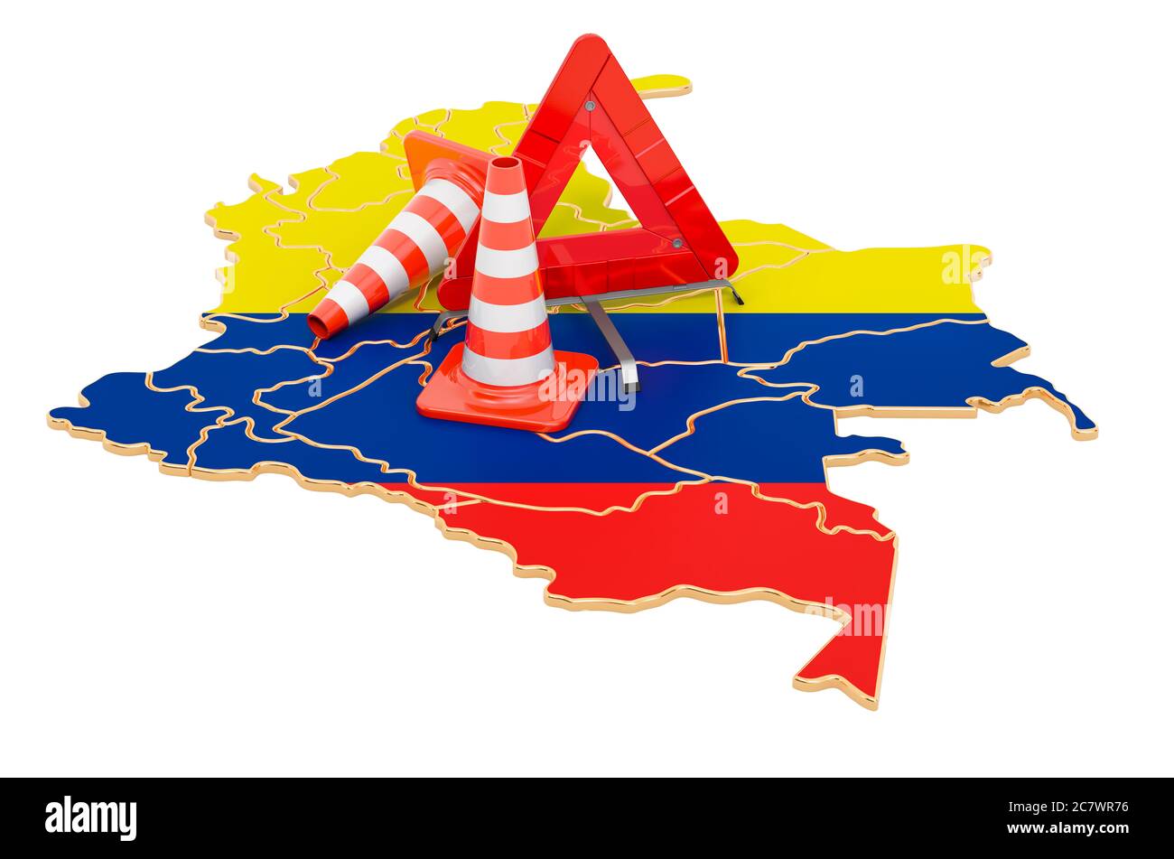 Carte colombienne avec cônes de trafic et triangle d'avertissement, rendu 3D isolé sur fond blanc Banque D'Images