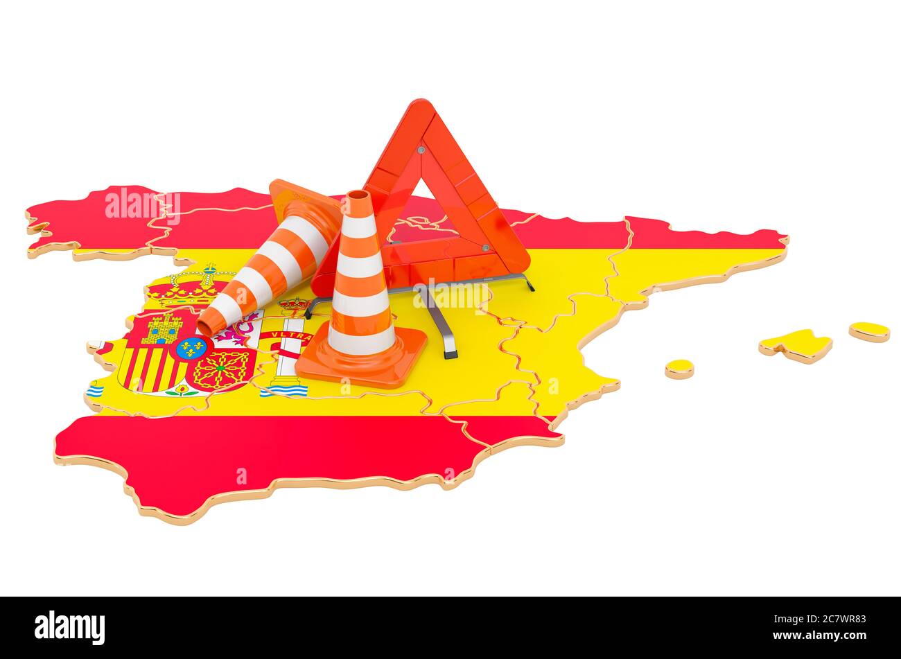 Carte espagnole avec cônes de signalisation et triangle d'avertissement, rendu 3D isolé sur fond blanc Banque D'Images