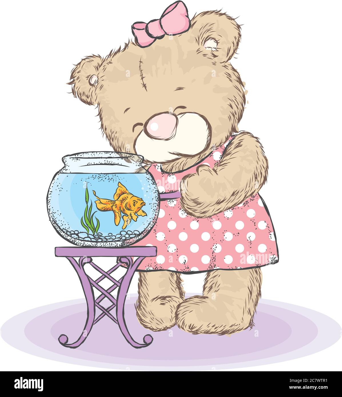 Ours en peluche mignon dans une robe et un aquarium avec des poissons rouges. Illustration vectorielle pour une carte ou une affiche. Illustration de Vecteur