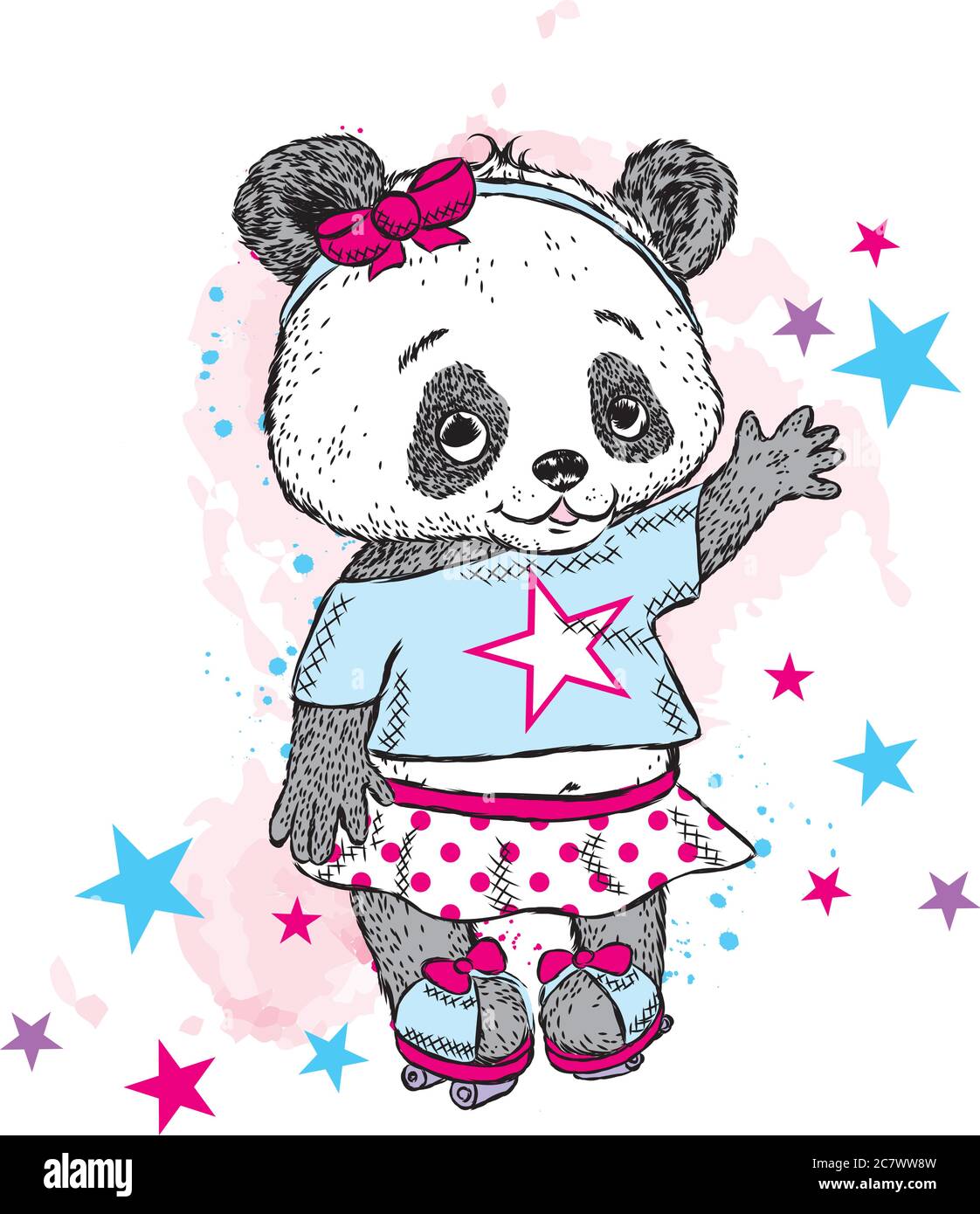 Joli Panda sur patins à roulettes. Jolie fille en jupe. Illustration vectorielle pour une carte ou une affiche. Imprimer sur des vêtements. Enfance. Mode et style. Illustration de Vecteur