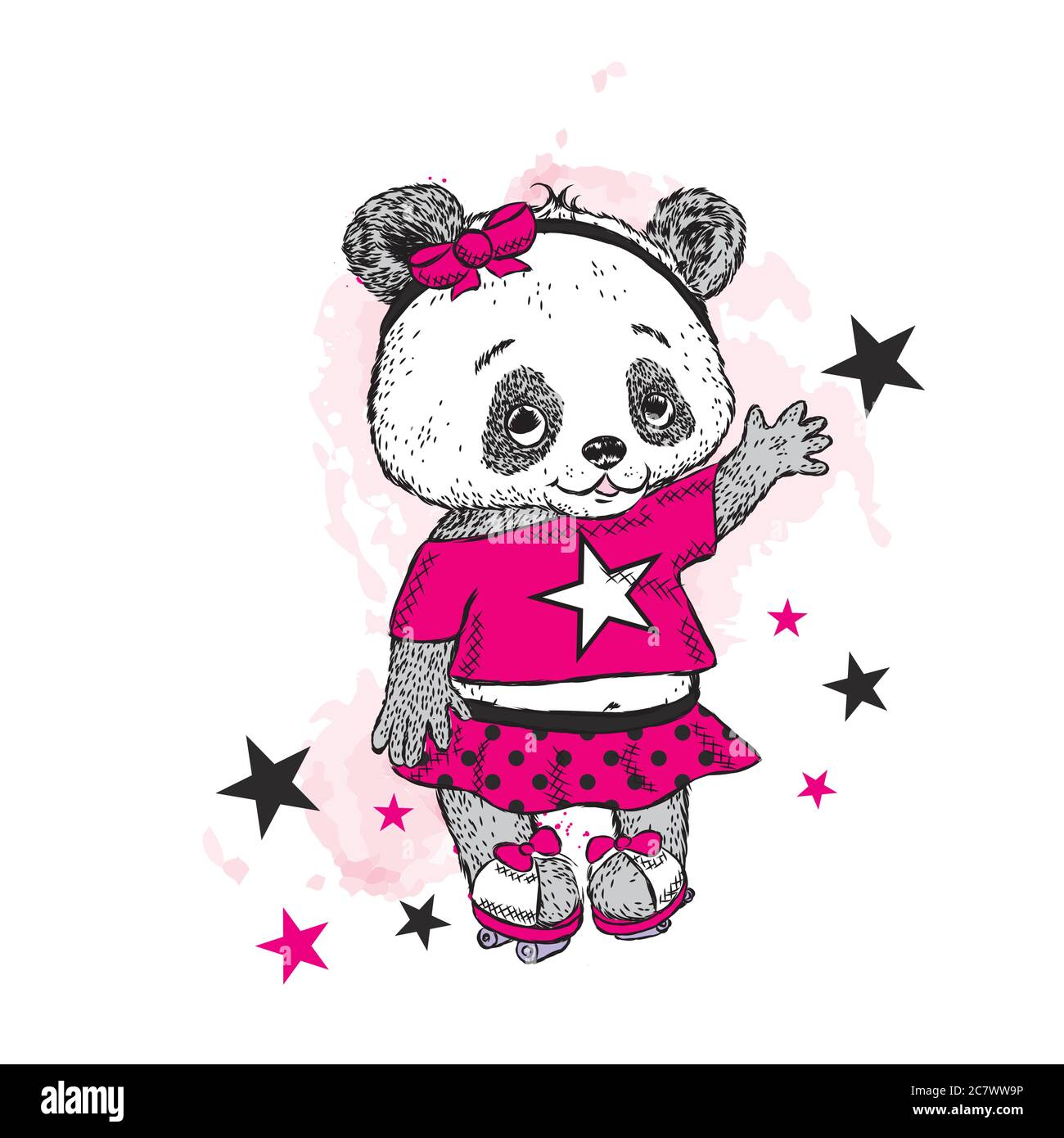 Joli Panda sur patins à roulettes. Jolie fille en jupe. Illustration vectorielle pour une carte ou une affiche. Imprimer sur des vêtements. Enfance. Mode et style. Illustration de Vecteur