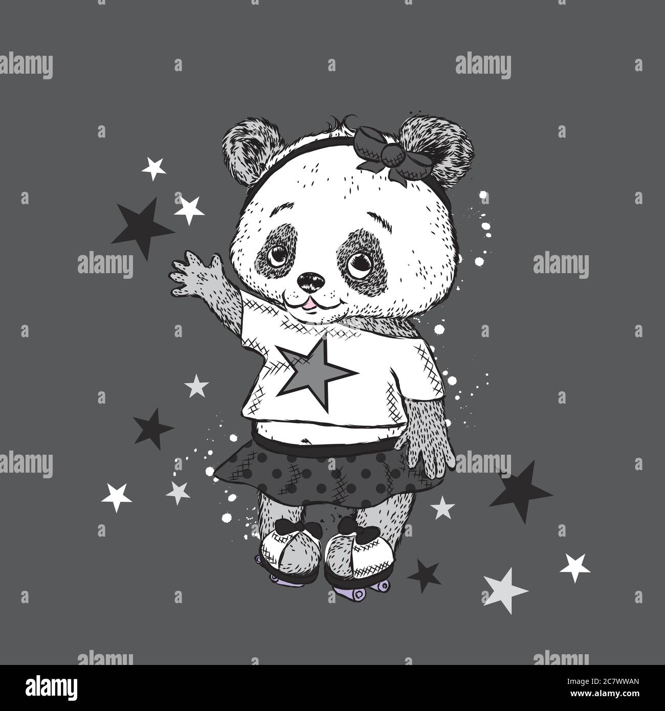 Joli Panda sur patins à roulettes. Jolie fille en jupe. Illustration vectorielle pour une carte ou une affiche. Imprimer sur des vêtements. Enfance. Mode et style. Illustration de Vecteur