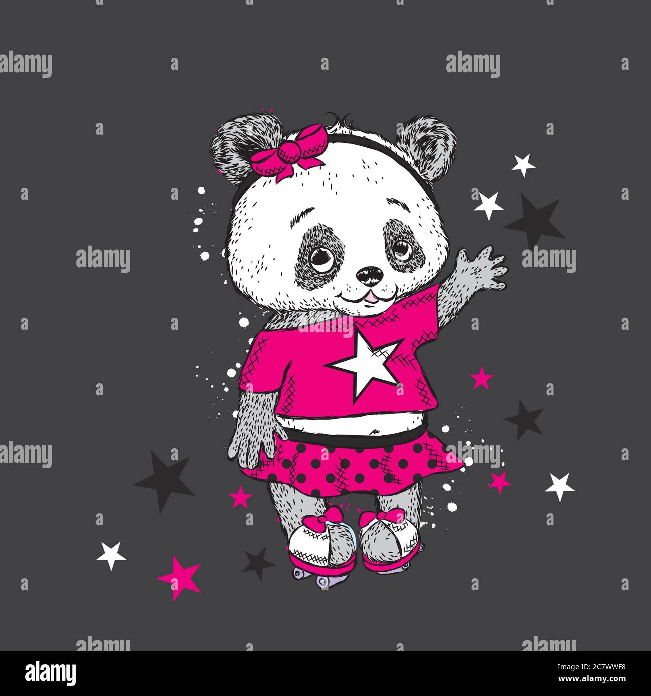 Joli Panda sur patins à roulettes. Jolie fille en jupe. Illustration vectorielle pour une carte ou une affiche. Imprimer sur des vêtements. Enfance. Mode et style. Illustration de Vecteur