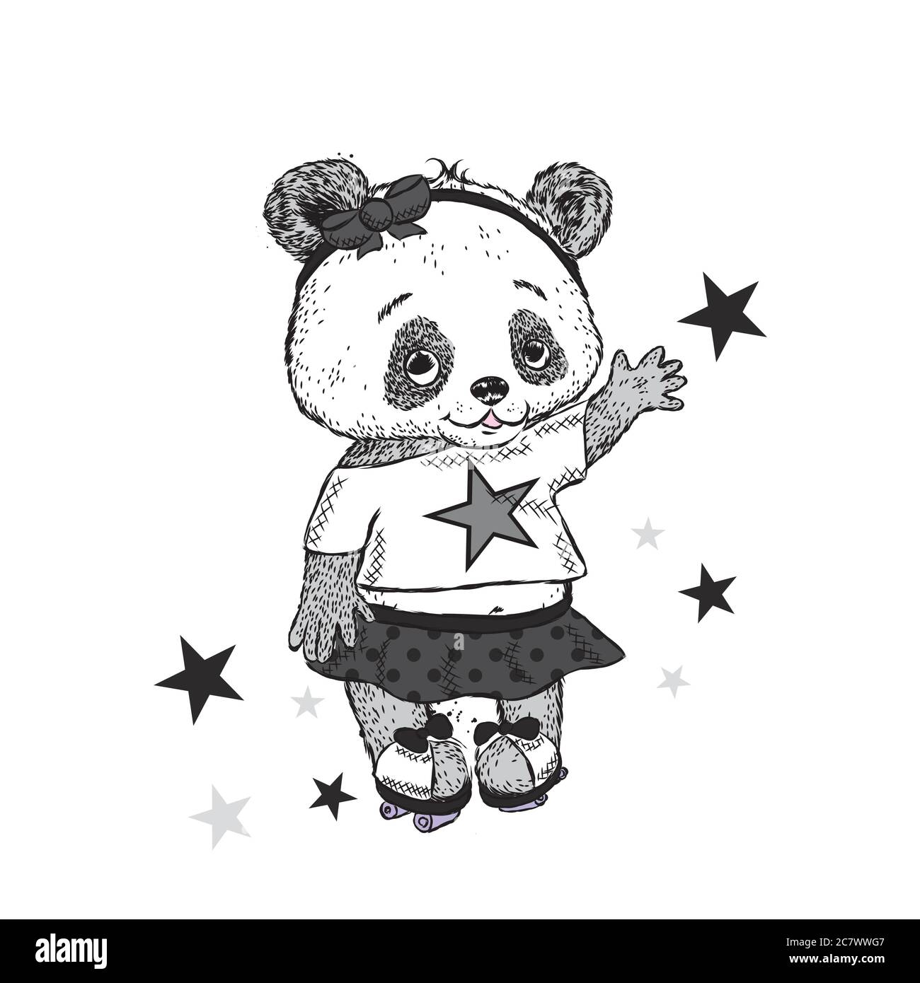 Joli Panda sur patins à roulettes. Jolie fille en jupe. Illustration vectorielle pour une carte ou une affiche. Imprimer sur des vêtements. Enfance. Mode et style. Illustration de Vecteur