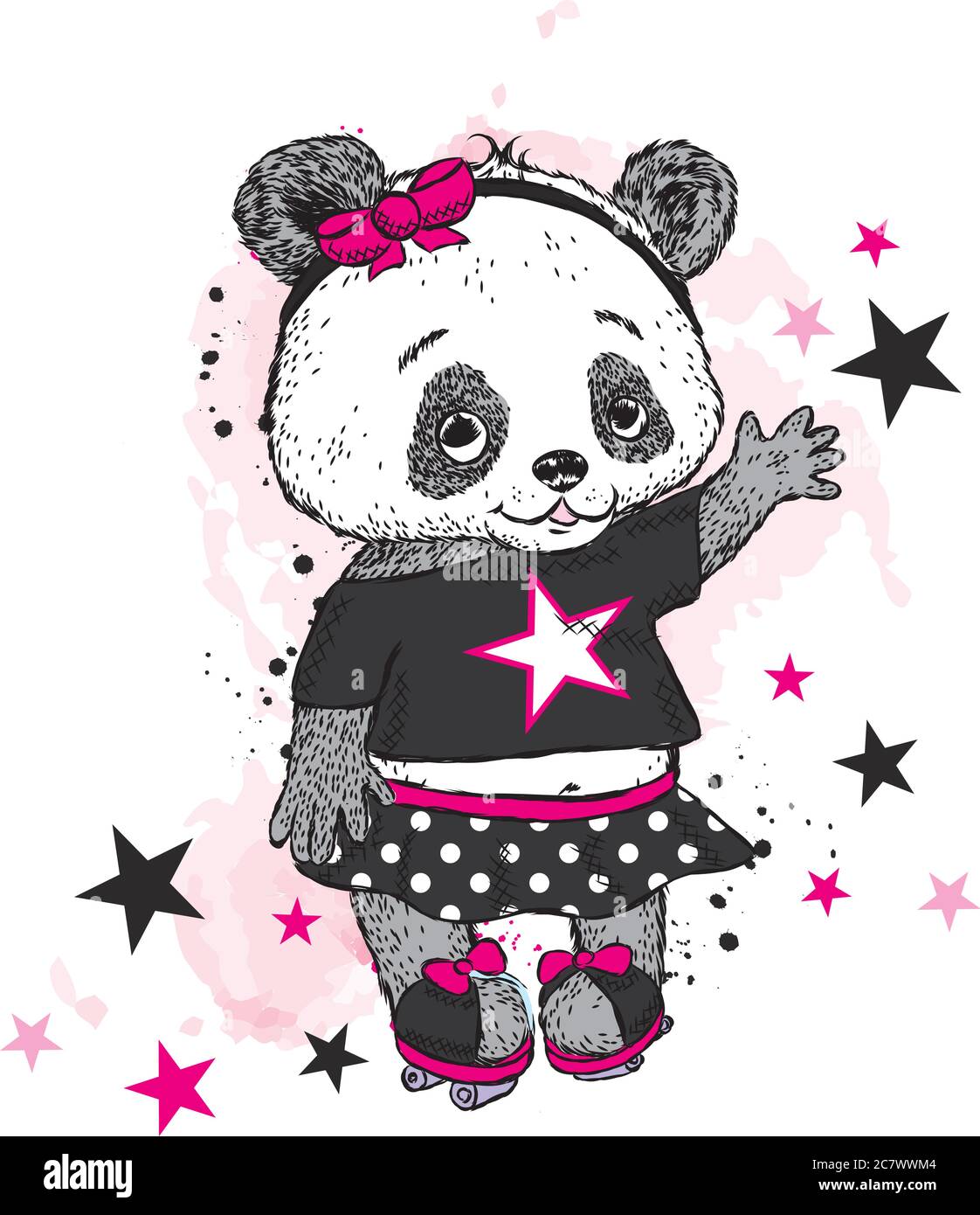 Joli Panda sur patins à roulettes. Jolie fille en jupe. Illustration vectorielle pour une carte ou une affiche. Imprimer sur des vêtements. Enfance. Mode et style. Illustration de Vecteur