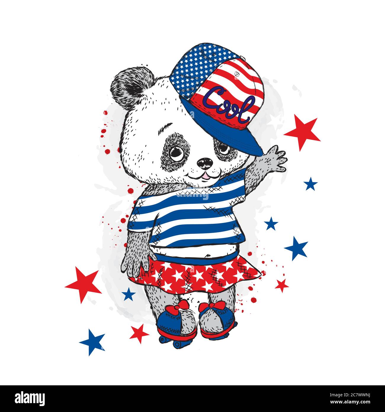 Joli Panda sur patins à roulettes. Jolie fille en jupe. Illustration vectorielle pour une carte ou une affiche. Imprimer sur des vêtements. Enfance. Mode et style. Illustration de Vecteur