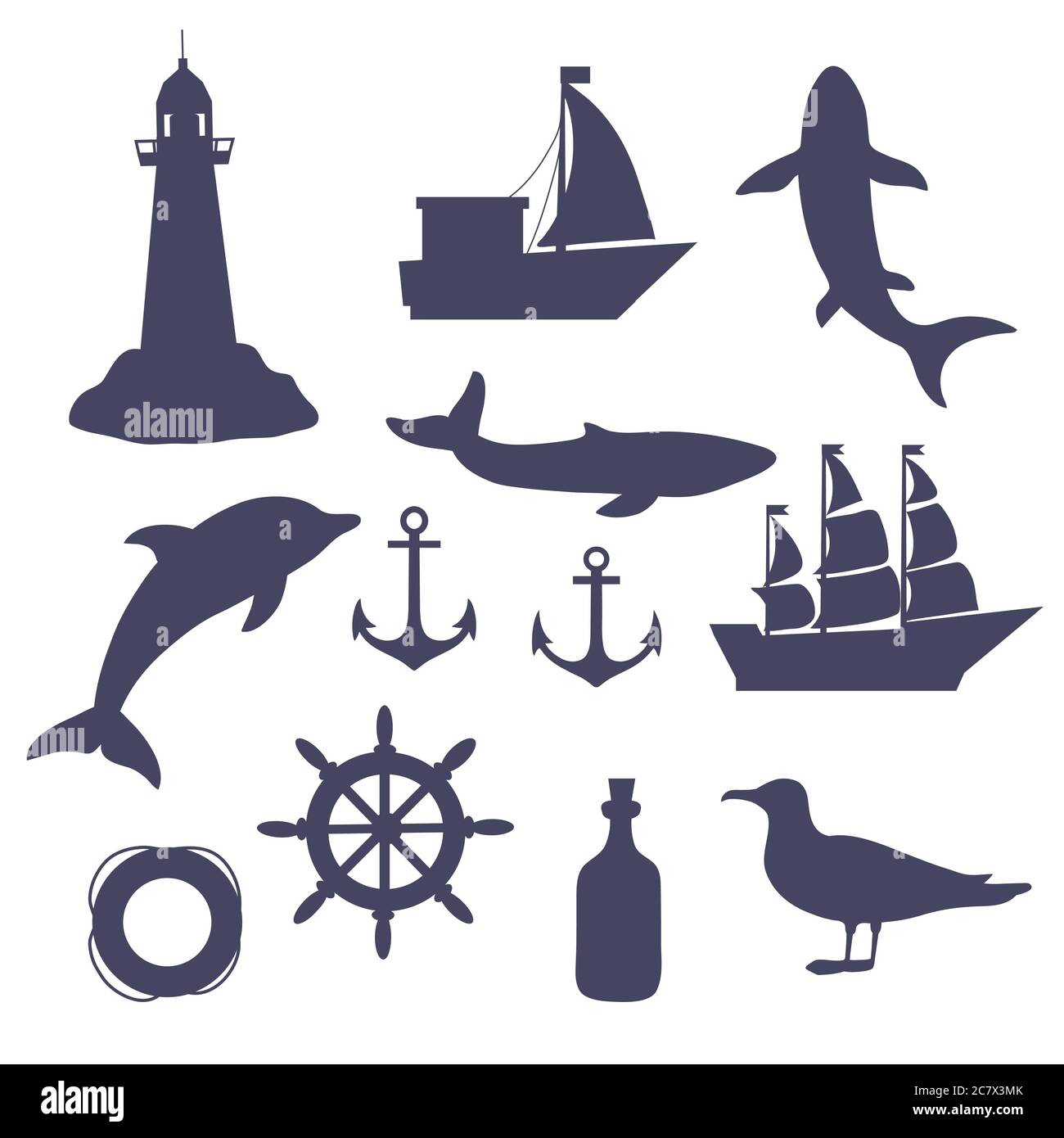 Grand ensemble d'éléments de silhouette de mer, isolés sur fond blanc. Navires, phare, baleine, ancre. Illustration de Vecteur