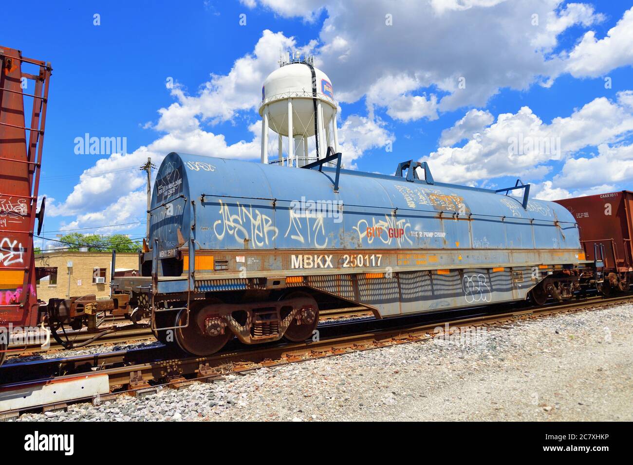 Franklin Park, Illinois, États-Unis. Un wagon en spirale fait partie d'un train de marchandises mixtes du Pacifique canadien qui quitte le triage Bensenville. Banque D'Images