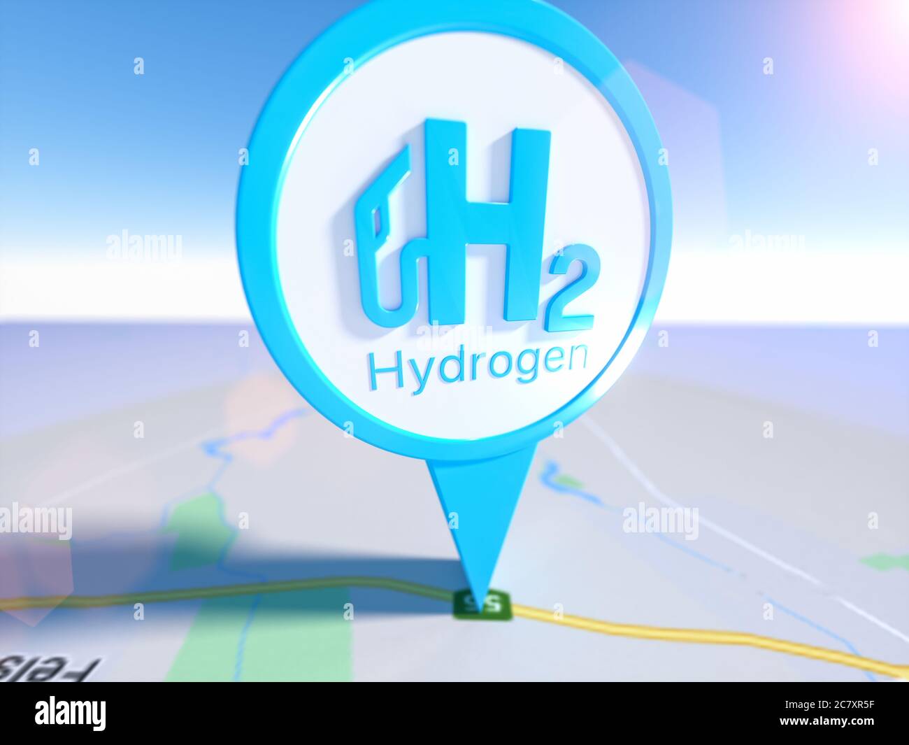 Rendu 3d flou d'une carte et du signe hydrogène H2 sur elle comme un pointeur Banque D'Images