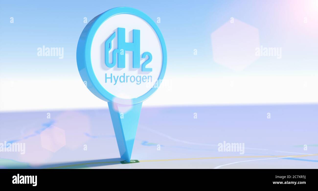 Rendu 3d flou d'une carte et du signe hydrogène H2 sur elle comme un pointeur Banque D'Images