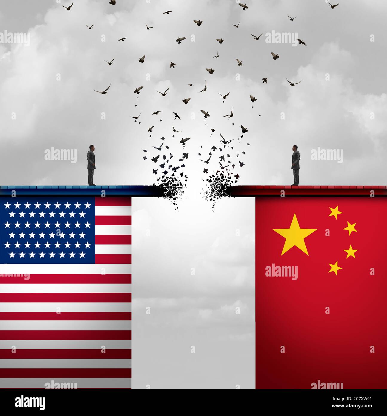 Chine conflit américain et commerce et droits de douane américains ou américains en conflit avec deux partenaires commerciaux opposés en tant qu'importations et exportations économiques. Banque D'Images