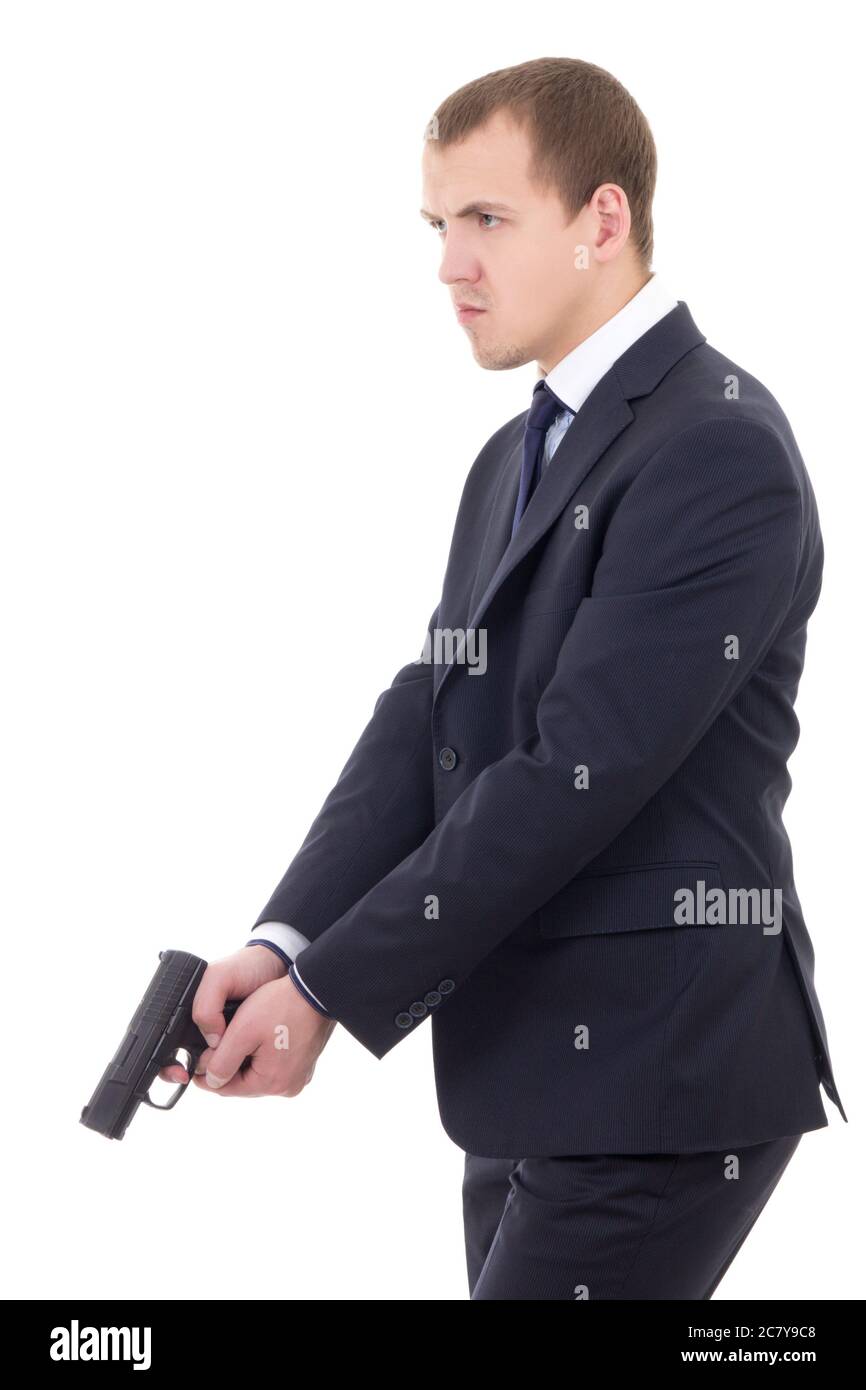 policier ou garde du corps en costume d'affaires avec pistolet isolé sur fond blanc Banque D'Images