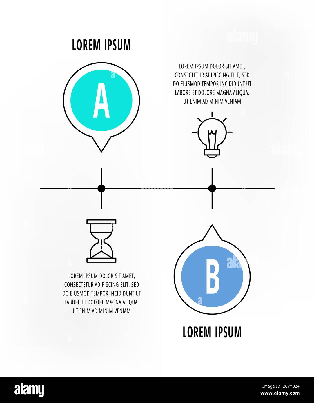 Cercles infographiques avec 2 étapes, icônes. Modèle vectoriel à ligne plate. Peut être utilisé pour deux diagrammes, business, web, banner, workflow layout, presentatio Illustration de Vecteur