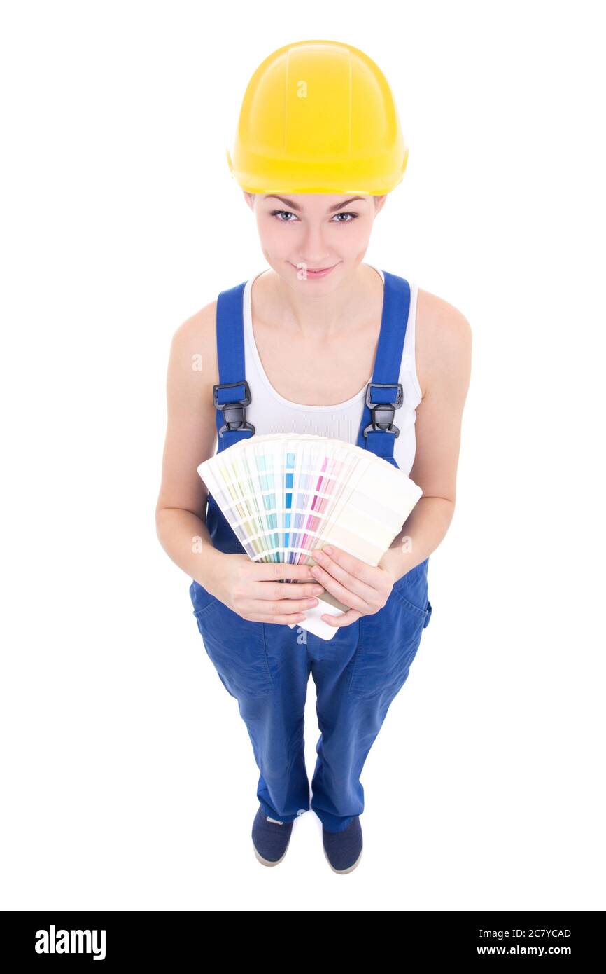 Drole Jeune Femme Peintre Attirante En Vetements De Travail Avec Palette Coloree Isolee Sur Fond Blanc Photo Stock Alamy