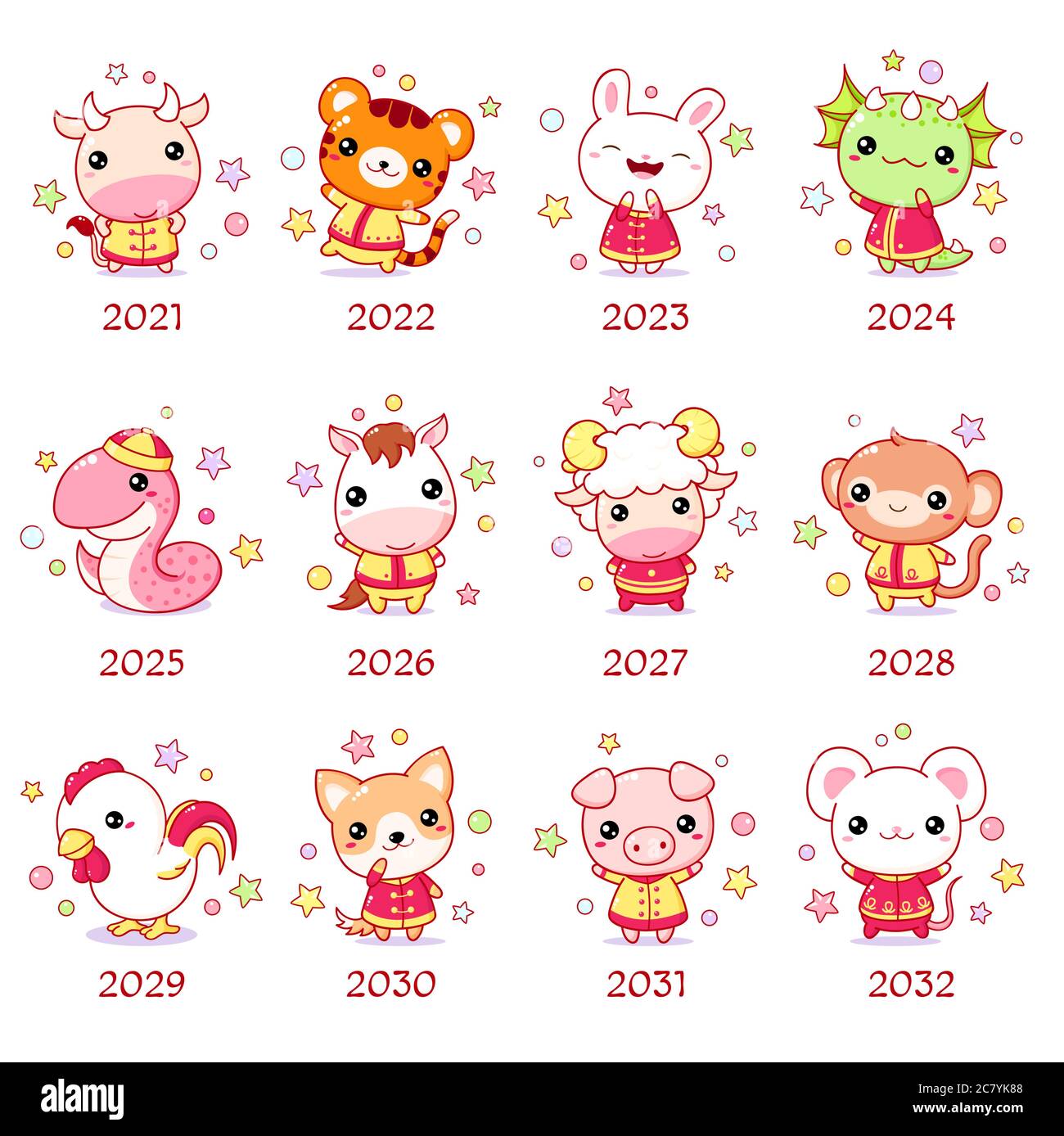 Jeu de caractères chinois du signe de l'année nouvelle dans le style kawaii. Animal mignon dans des vêtements chinois traditionnels. Mouton, lapin, taureau, chien, lapin, tigre, cheval, m Illustration de Vecteur