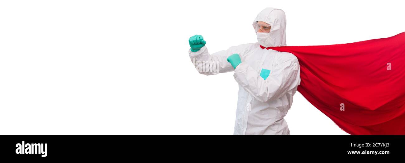 Un médecin en costume de super héros se défend contre une pandémie virale Banque D'Images