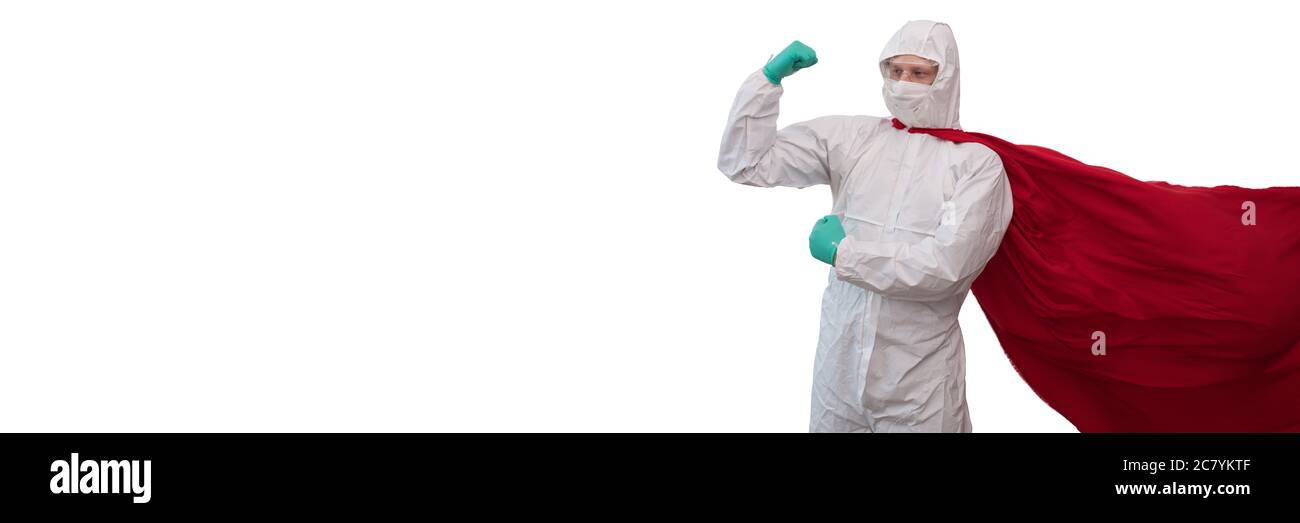 Un médecin en costume de super héros se défend contre une pandémie virale Banque D'Images
