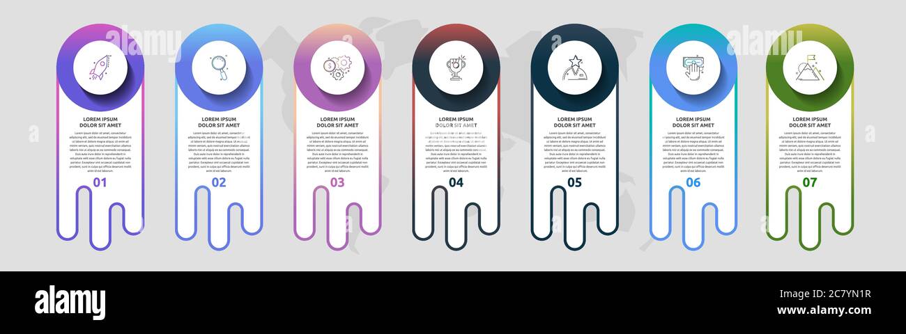 Infographies avec 7 cercles et étiquettes. Modèle vectoriel abstrait. Peut être utilisé pour sept entreprises, le Web, la bannière, la mise en page de flux de travail, les présentations, flowcha Illustration de Vecteur