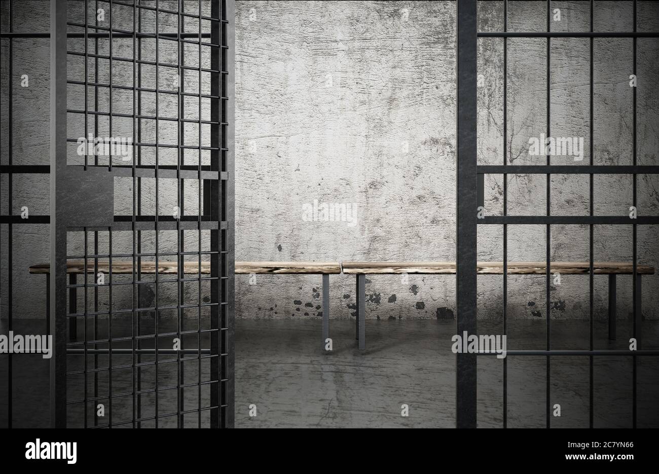 Cellule de prison avec porte ouverte et vieux murs sales. Illustration 3D. Banque D'Images