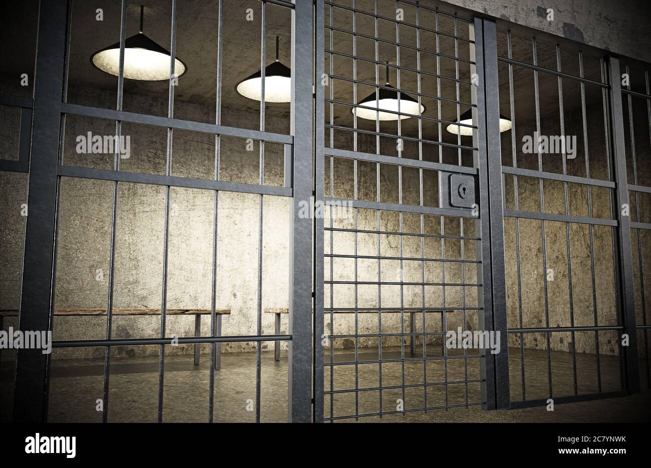 Cellule de prison avec porte fermée et vieux murs sales. Illustration 3D. Banque D'Images