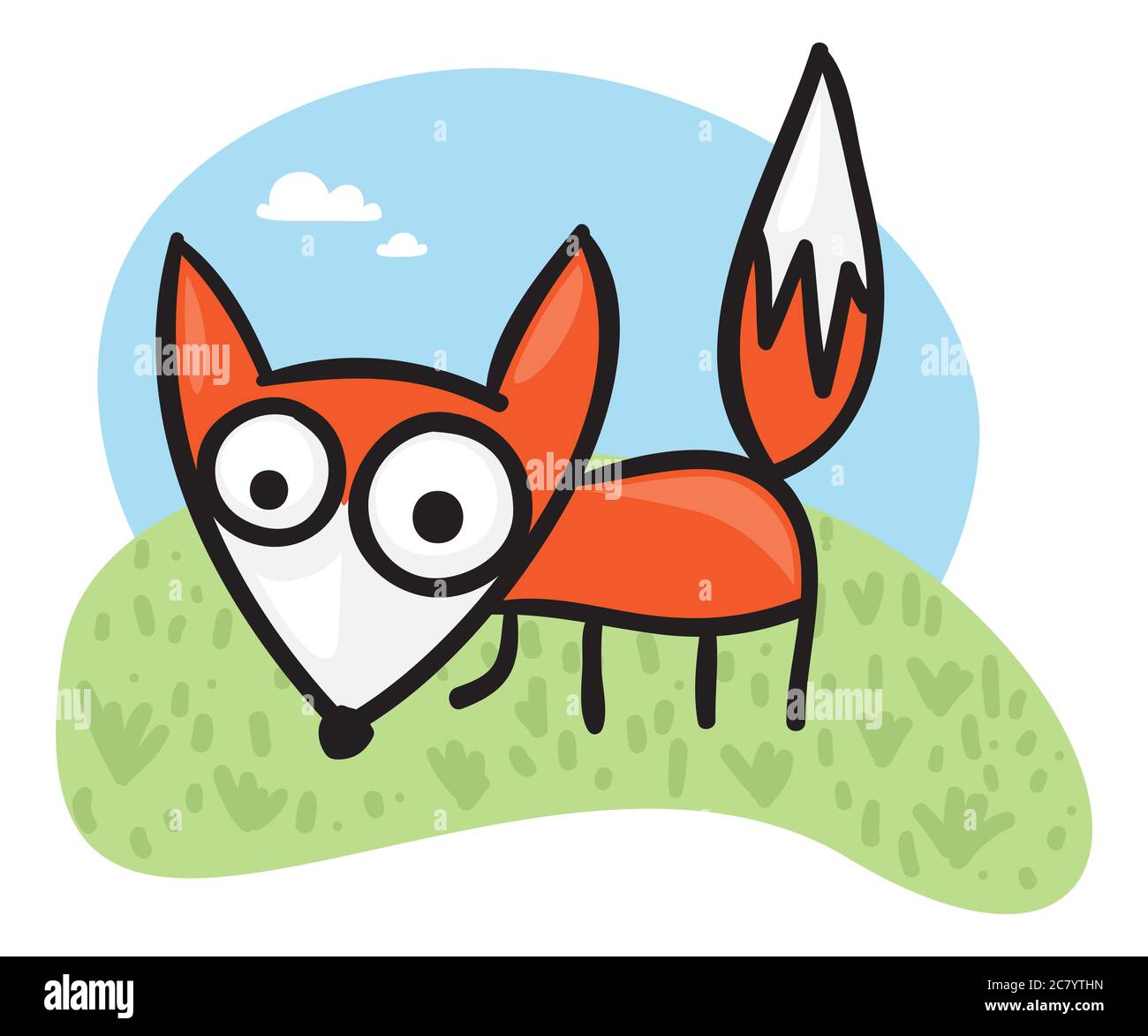 Cute cartoon fox sur un champ vert Banque D'Images