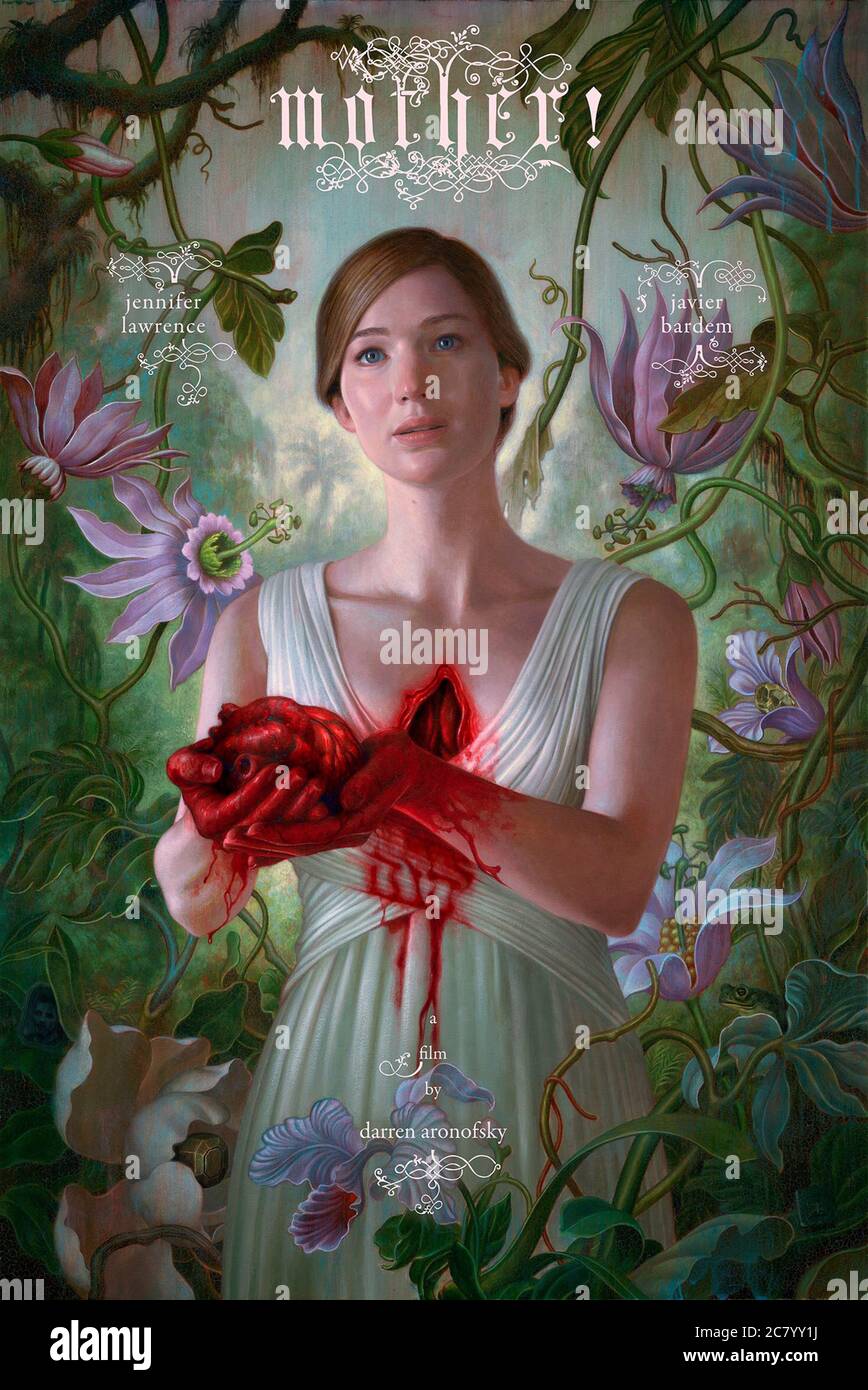 Mère! (2017) dirigé par Darren Aronofsky et mettant en vedette Jennifer Lawrence comme mère. Un couple vivant dans l'isolement ont leur havre de paix envahi par un invité non invité. Banque D'Images