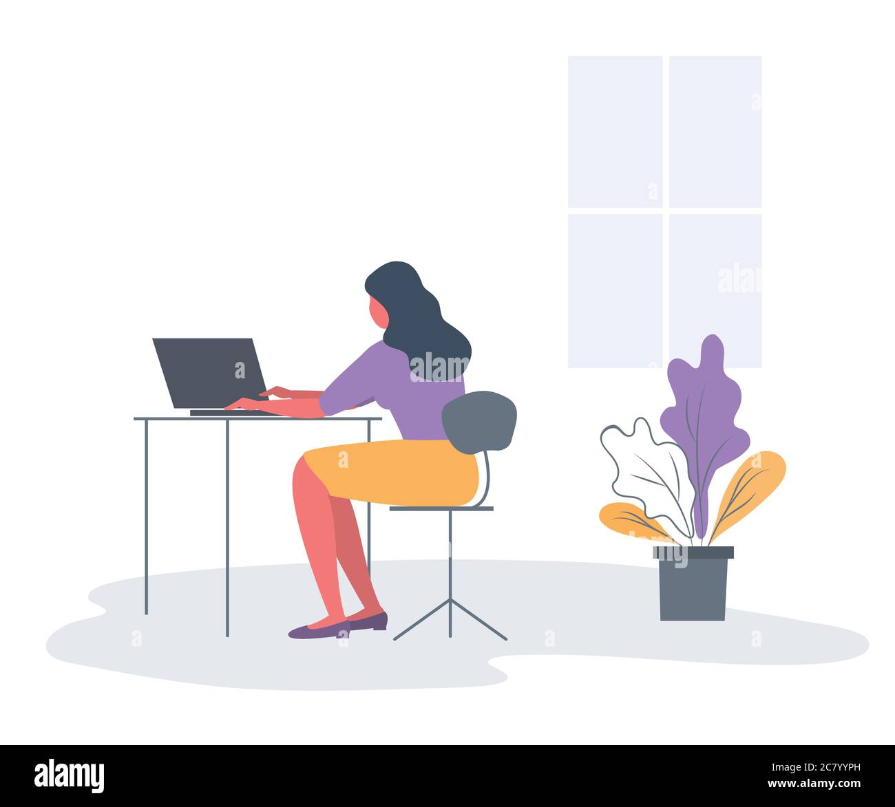 Employé de bureau sur le lieu de travail. Vue arrière. Une jeune femme est assise au bureau sur un fond de fenêtre. Il y a aussi un ordinateur portable et une fleur dans l'image Illustration de Vecteur