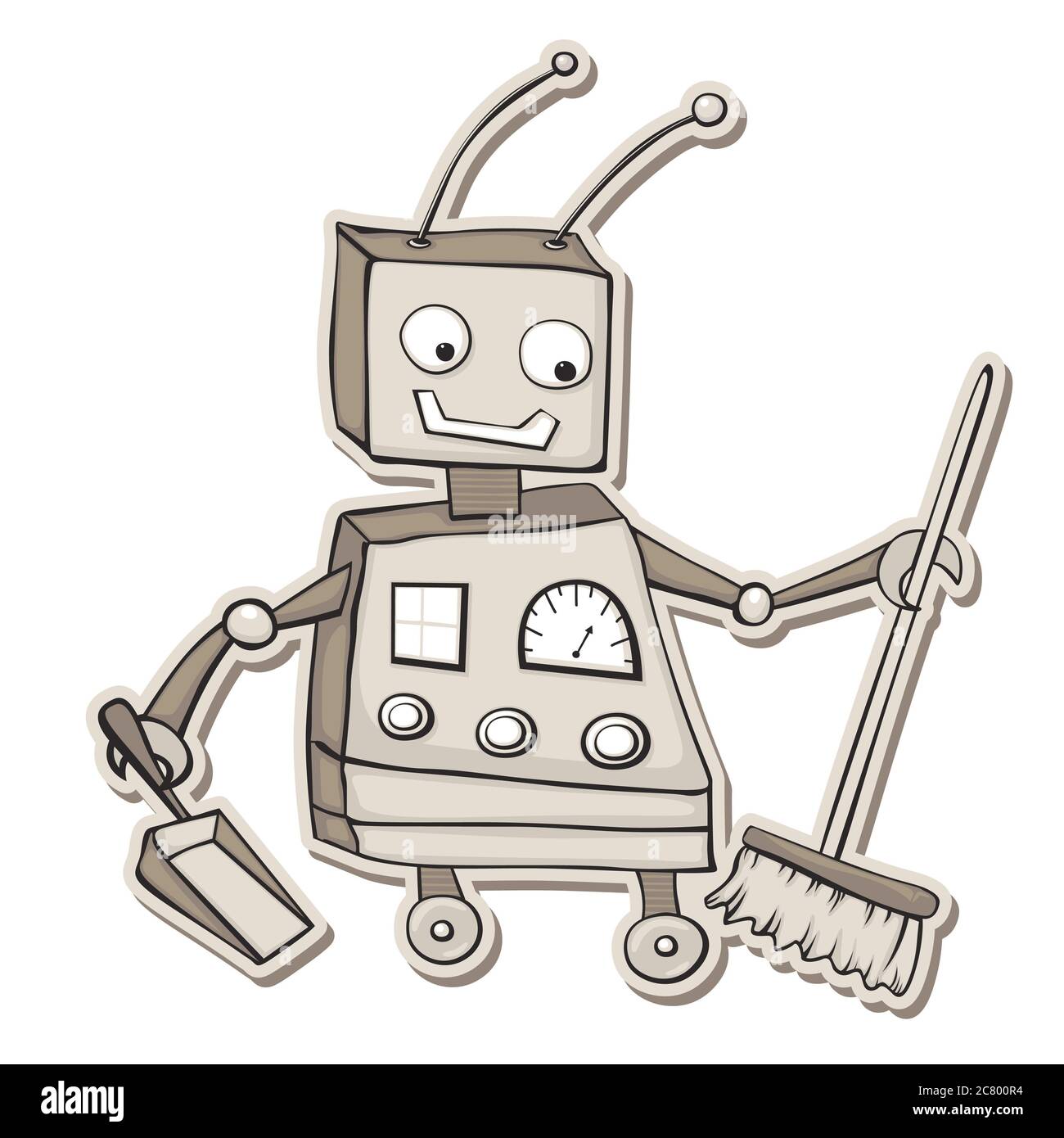 Retro style cartoon robot avec balai et porte-poussière. Banque D'Images