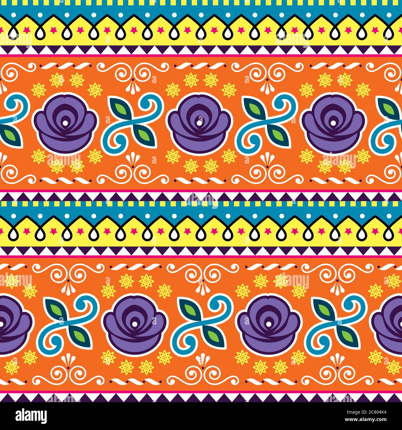 Motif vectoriel sans couture pour camion de jingle pakistanais ou indien, décoration colorée et répétitive avec fleurs Illustration de Vecteur