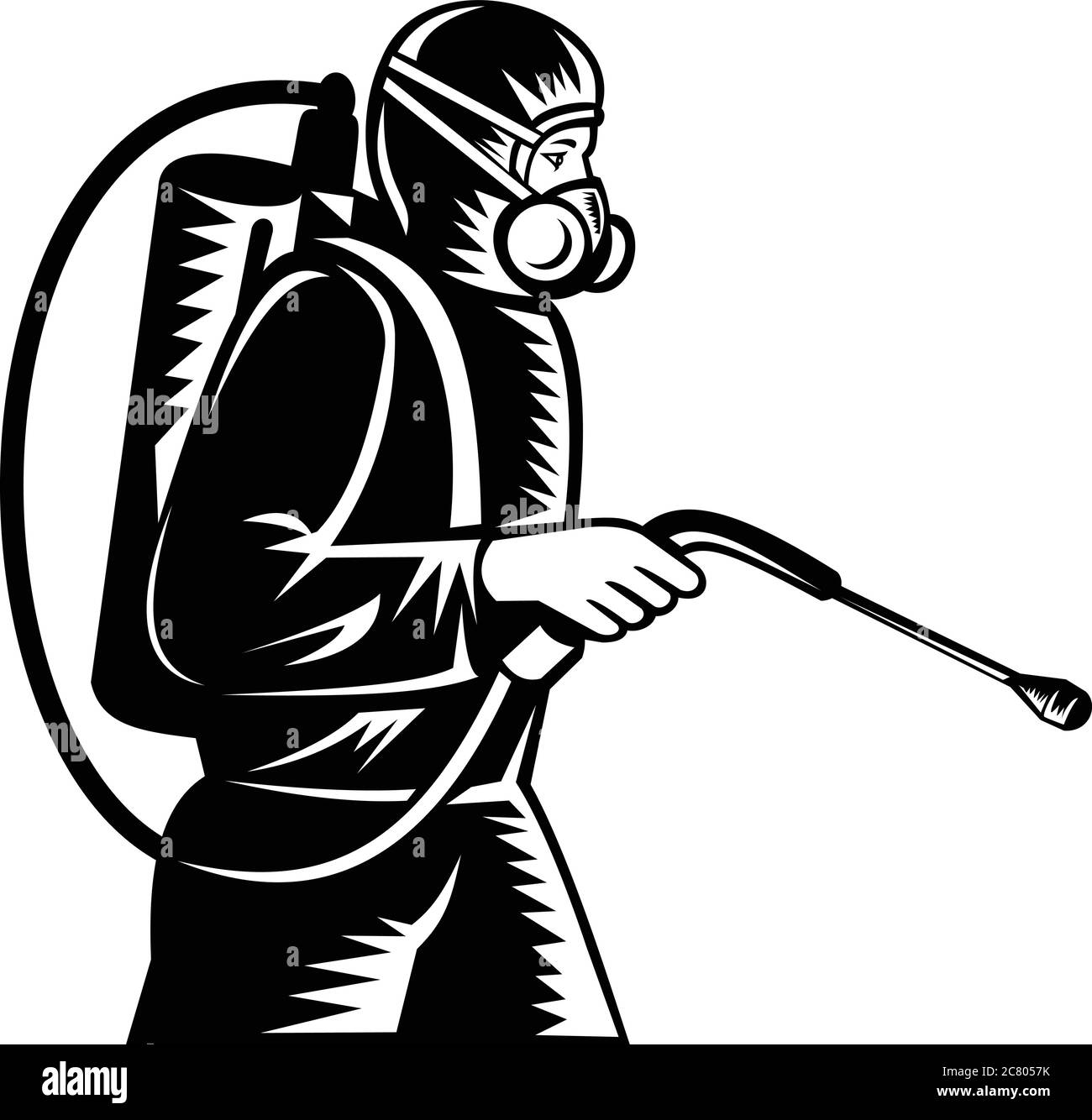 Illustration noire et blanche de l'exterminateur de lutte antiparasitaire, vue latérale de pulvérisation sur fond isolé, réalisée dans un style rétro-boisé. Illustration de Vecteur